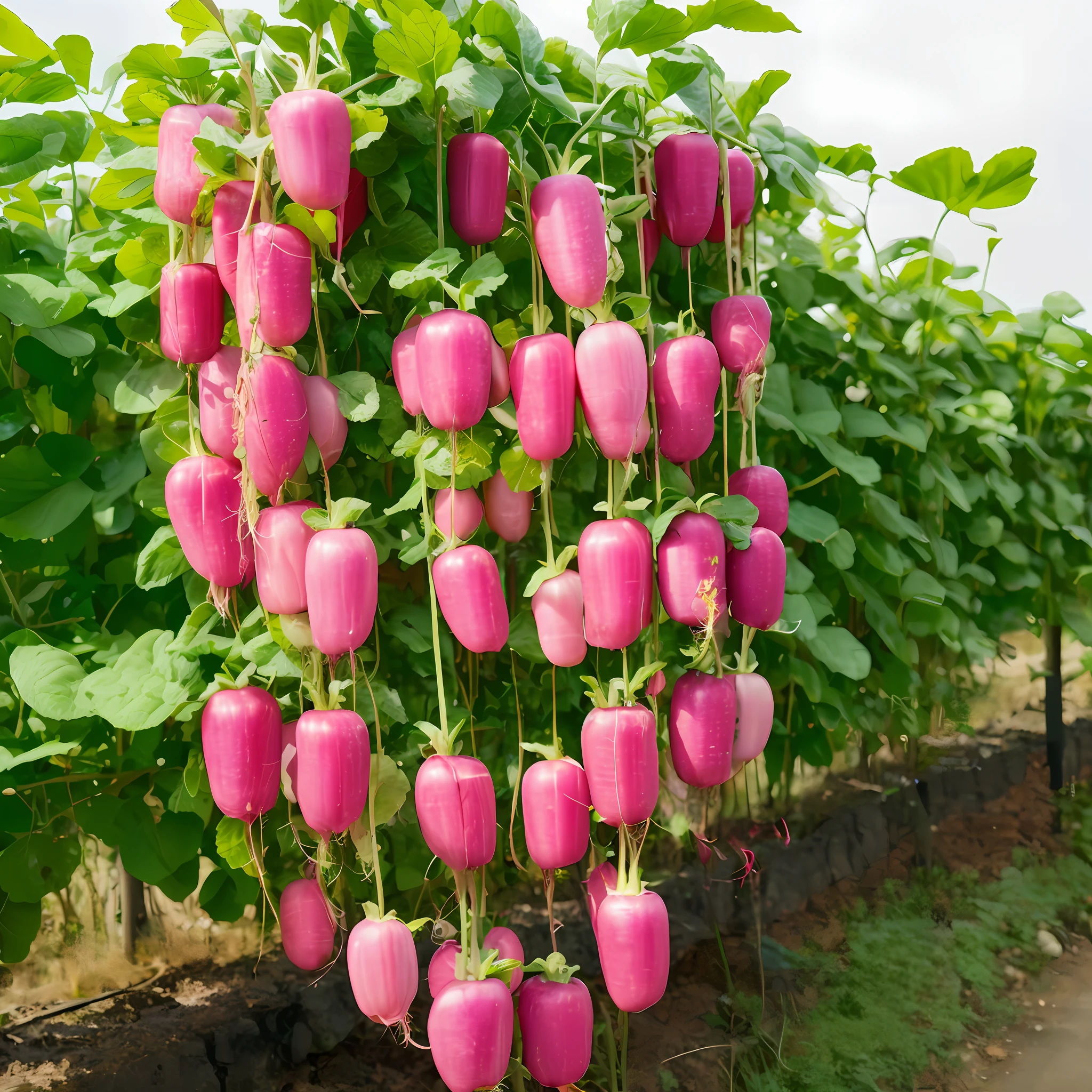 There are many pink radishes hanging from the trees in the garden, Lush fertile fecundity, spectacular quality, high quality product image”, Extremely high quality, Excellent quality, Super high quality, Tomatoes hanging from branches, Very high quality, Superior quality, Aubergine, Ultra high quality, stockphoto, vertical vegetable gardens, Beautiful photo, High quality，Ultra-detailed section。Fresh fruit，watery，The fruit is full