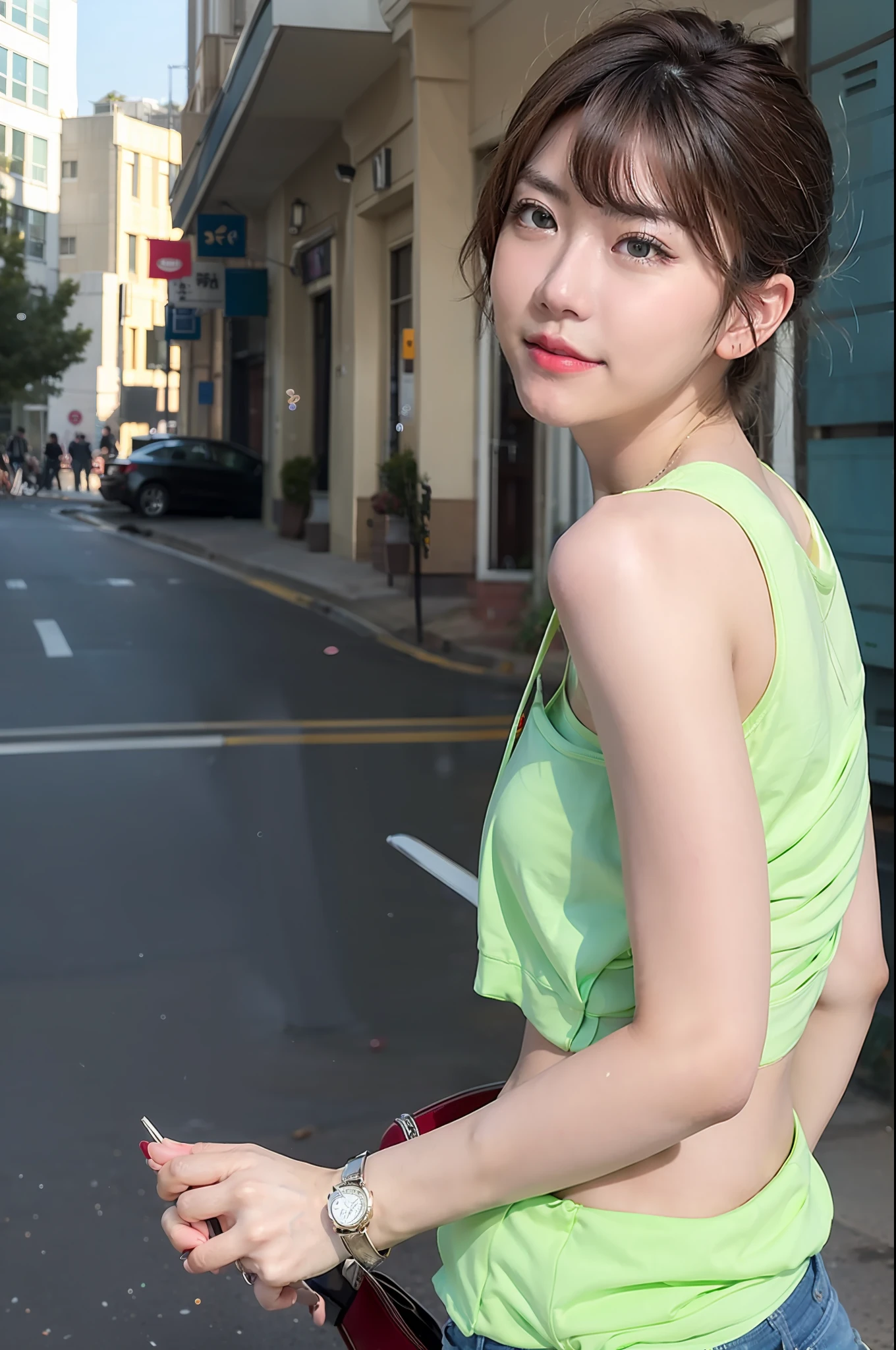 (8k,RAW photos,best qualtiy,tmasterpiece:1.2),(realisticlying,realisticlying:1.37),best qualtiy,超高分辨率,NFSW backlight,light leaks,动态照明,slim,Smooth skin,(pureerosface_v1:1),Bond,nabel,Kpop idol,(beatiful detailed eyes:1),(beautifull detailed face:1),(freebuffing:1.2),exteriors,ulzzang-6500,1girll,standing on your feet,The upper part of the body,,, from the front side,up front view,looking at viewert,, Arms behind your back,the street,rays of sunshine,full bodyesbian,looks into camera。ultra-clear。k hd。4k