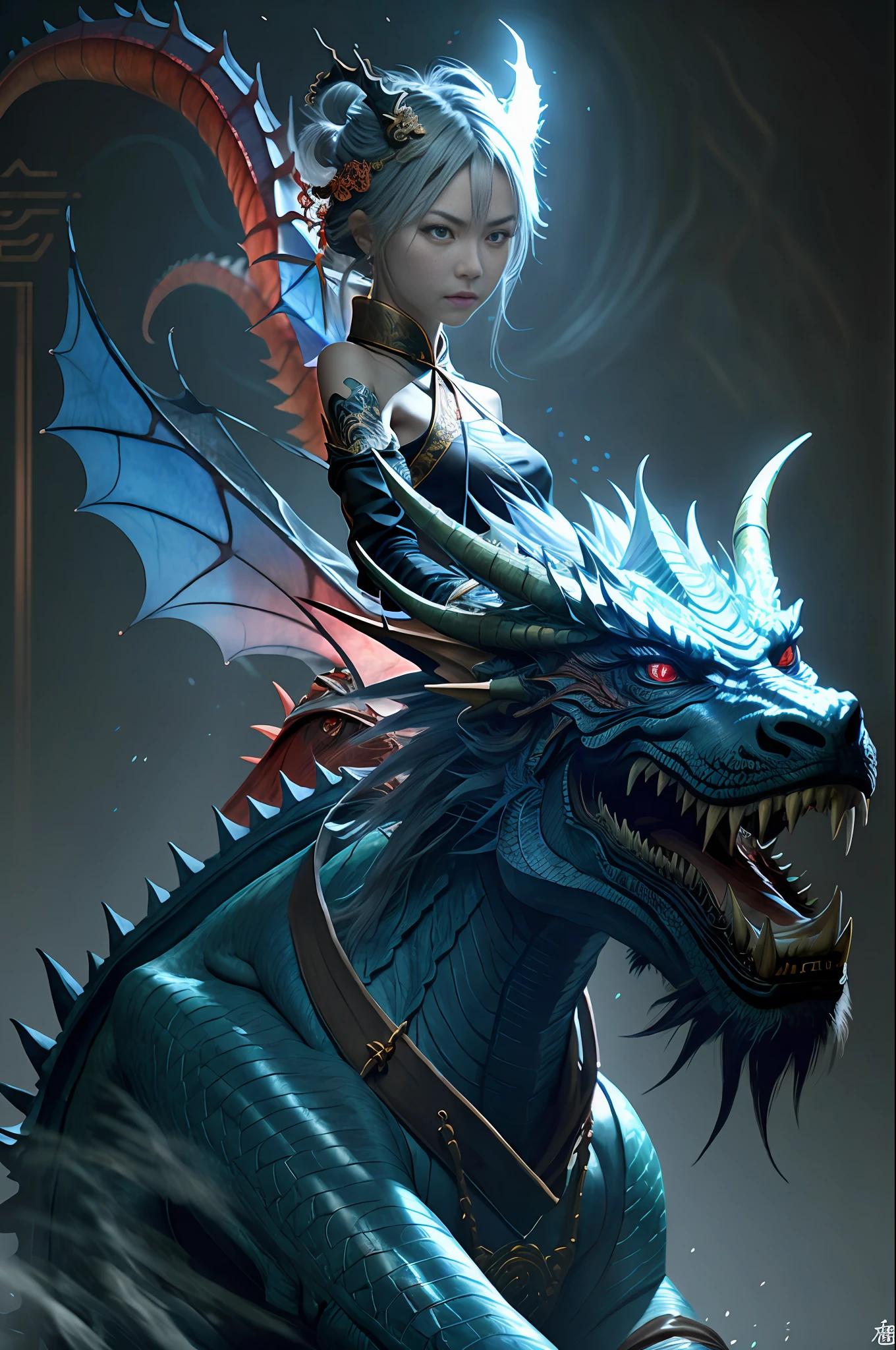 masterpiece, best quality,Chinese fairy, 1girl\(loli\) and iris red dragon, Chinese dragon pan glaring at girl, bun, dark gray background,