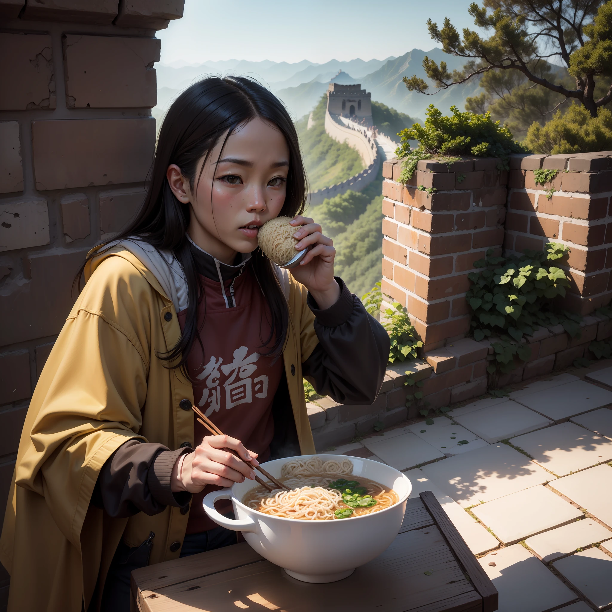 Americans eat instant noodles on the Great Wall --auto