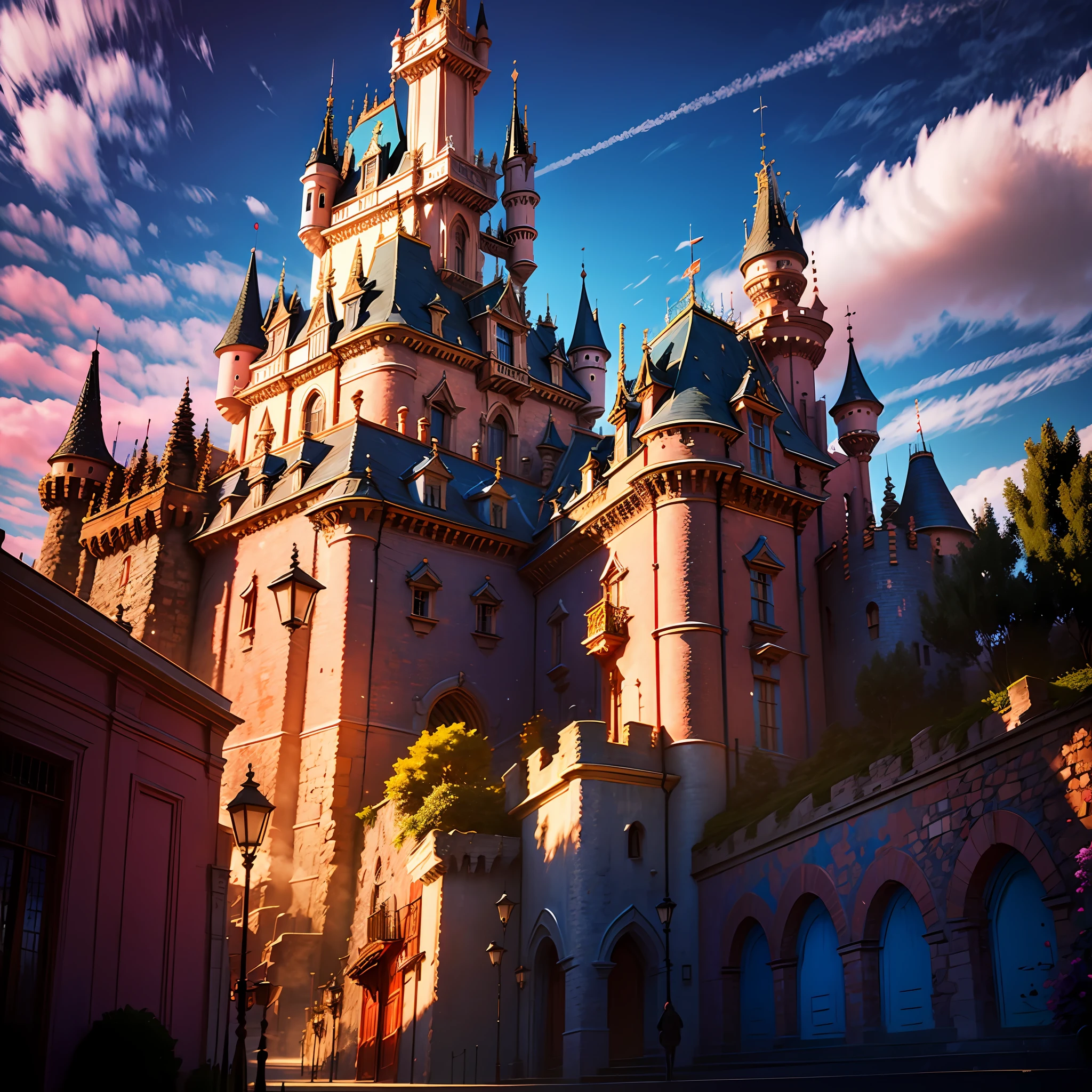 Disneyland Castle, castle on hill, professional architectural castle scape, long rough windy road leading to castle, pink and blue sky, fluffy clouds, striking contrasts, scenic surrounding, deep complementary colors, medieval castle, photorealestic, 3Dmm --auto