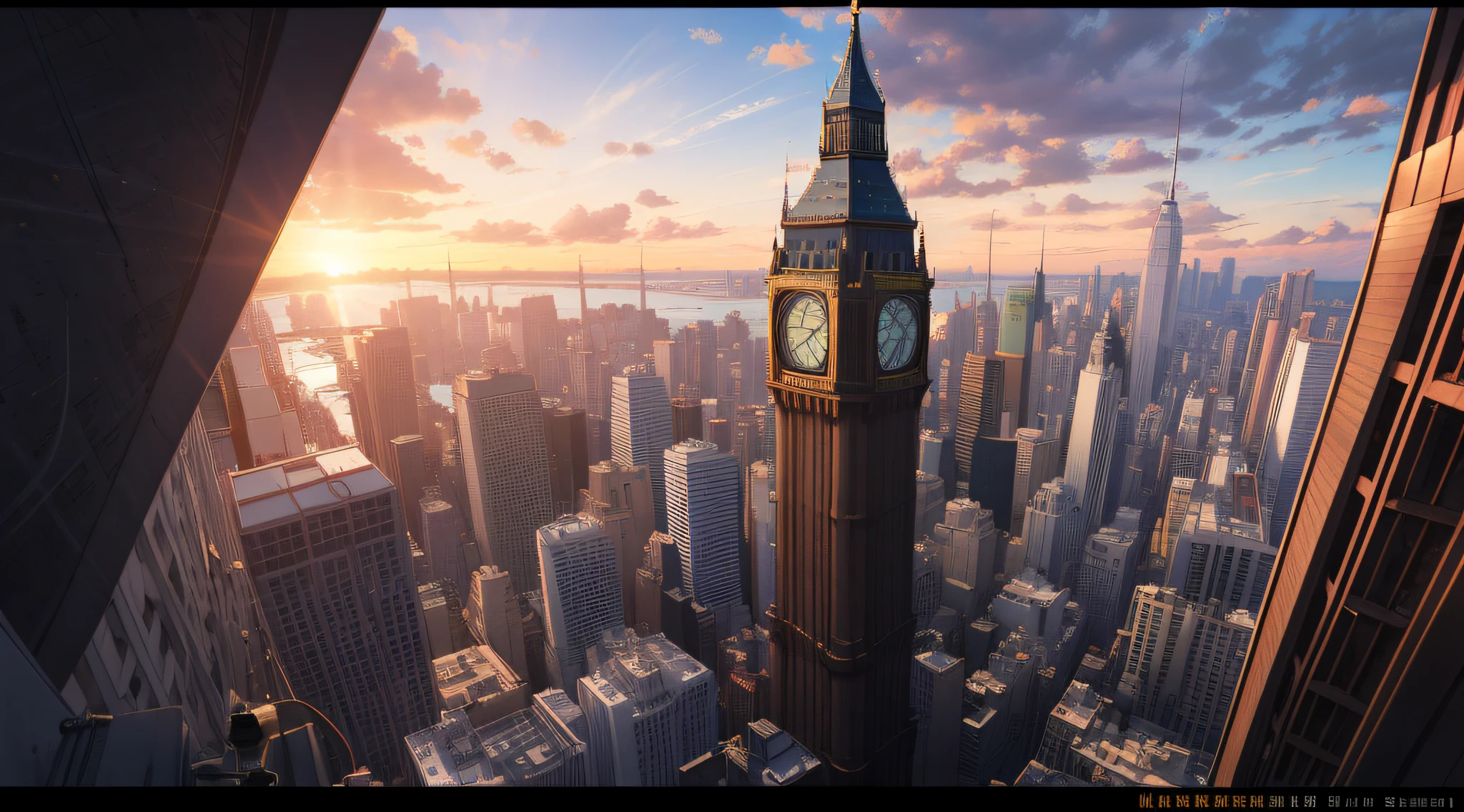 New York Sunrise,City sunrise,skyscrapper,A silhouette of a city formed by sunlight,the clock tower,A big Ben,pigeons,palmeiras ,Bay in the distance,Mooring the boat,sea surface,shoreline,Clouds,lamplight,Planes,Horizontal angle view,Horizontally angled lens,Horizontal viewport,Compress space photos,Nikon camera 120mm telephoto lens shot,telephoto lenses,American comic book style,The color is stable,