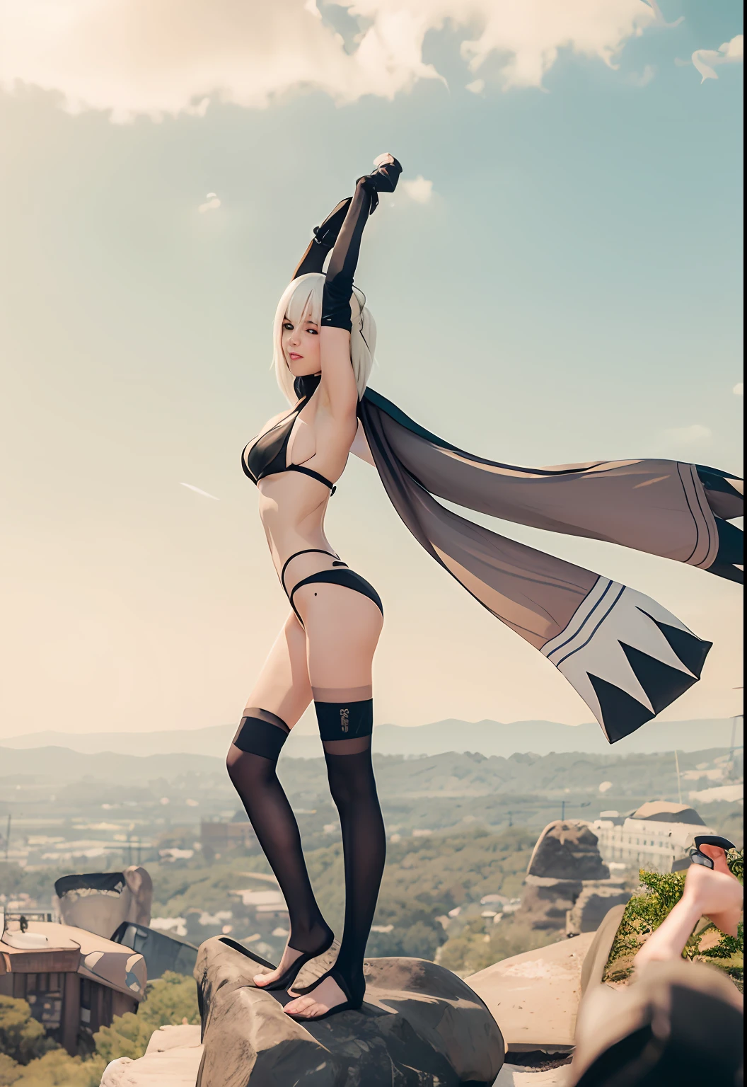 There is a woman in a bikini and black stockings posing on a rock, 2 b from nier automata, 2b from nier automata, Anime girl cosplay, 2 b, 2b, nier:automata inspired, nier : automata inspired, nier inspired, 2b Deny automata, Anime cosplay, aqua from konosuba, inspired by Li Chevalier