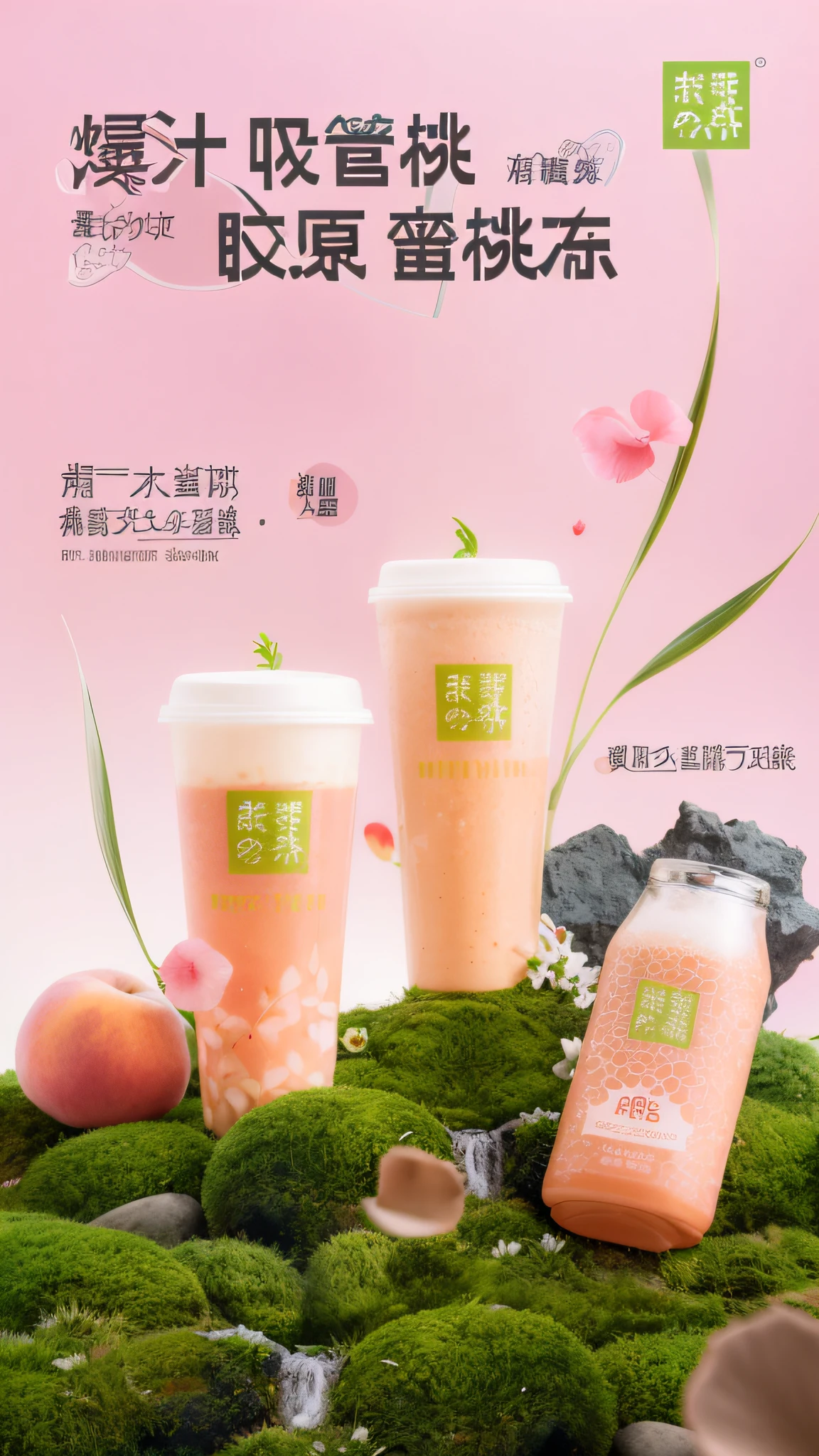 There are two cups of juice sitting on the moss-covered surface, colored milk tea, inspired by Ma Yuanyu, products shot, Official product image, Product photography, commercial product photography, product image, author：Ma Yuanyu, Advertising photography, product introduction photos, loputyn and matcha, Refreshing, peach and goma style, advertising photograph, professional product photo