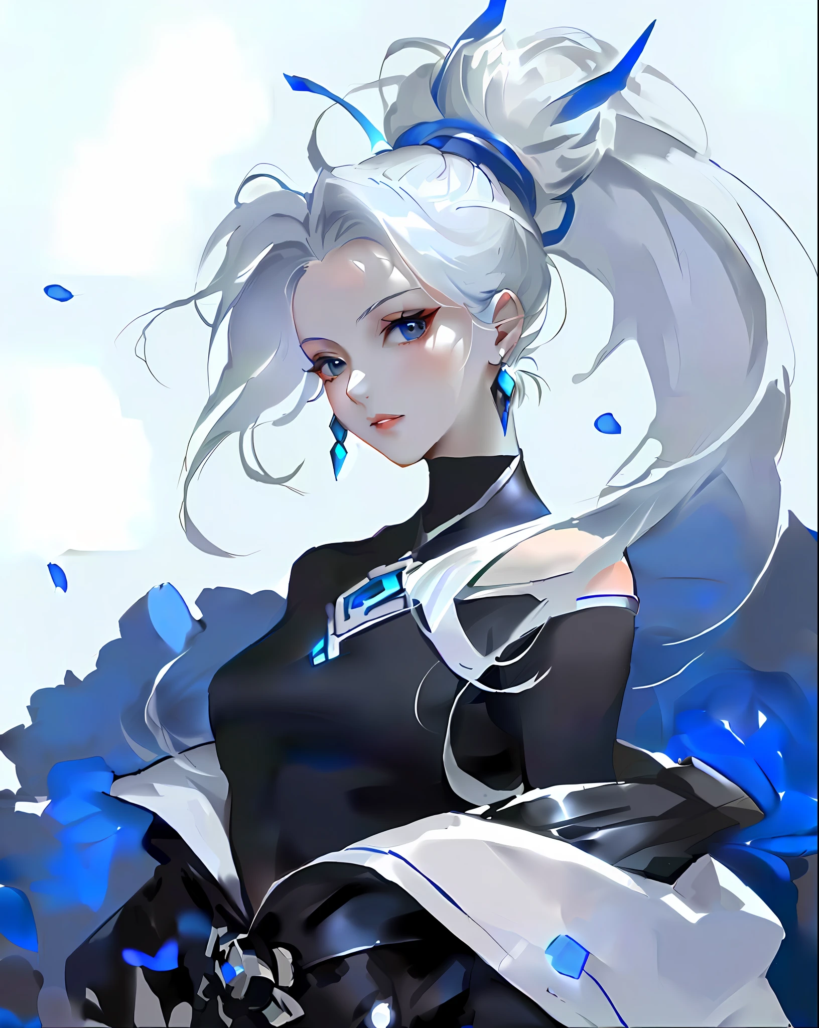 Anime girl with white hair and blue eyes in a black dress, by Yang J, Silver hair (pony tails), Perfect white haired girl, White-haired, white-haired god, white haired lady, white haired Cangcang, Girl with white hair, Beautiful character painting, Rossdraws digital painting, cyborg - girl with silver hair, rossdraws sakimimichan, G Liulian art style