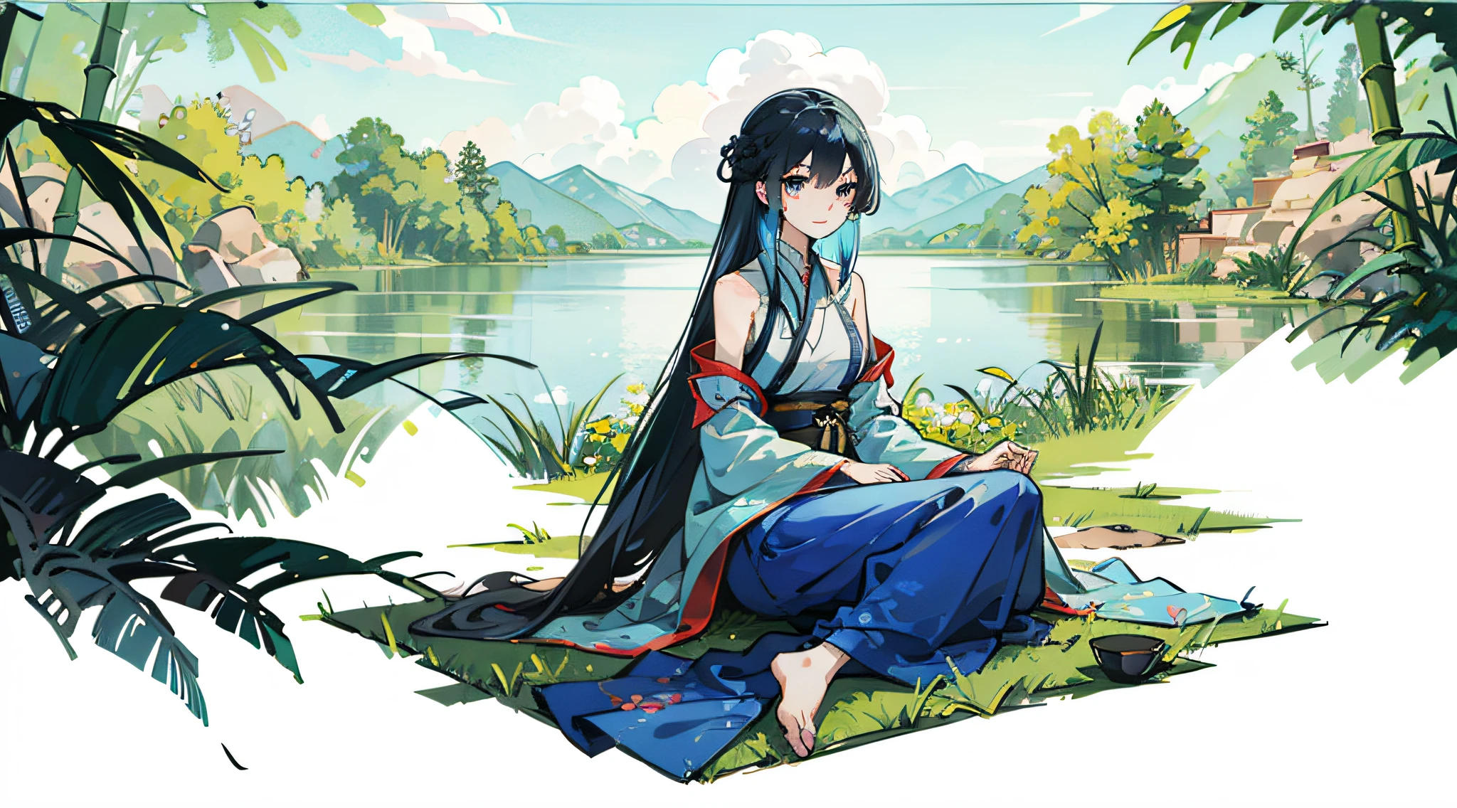 Masterpiece, best quality, official art, 8K wallpaper, highly detailed, illustrations, a girl, full body close-up, Vistas, sky blue hair, long hair, detailed eyes, Agan, ???? shoulders, Hanfu, lake, pure, soft smile, bamboo, tea