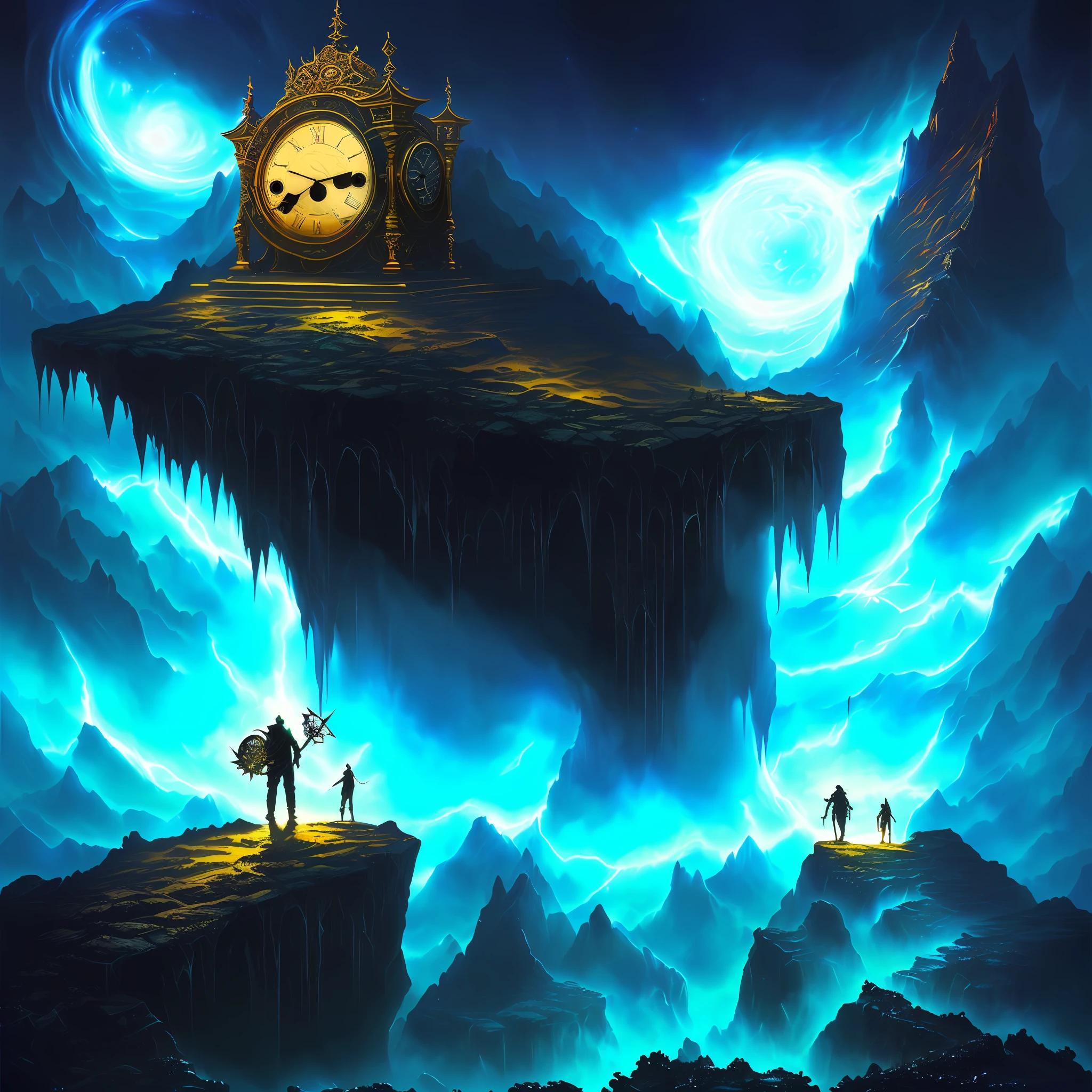 There is a man holding a clock through the dark abyss,The ancient Gate of Truth is on the mountain ,There are frescoes all around ,Detailed digital 2D fantasy art, Symmetrical epic fantasy art, Digital 2D fantasy art, epic fantasy sci fi illustration, Fantasy art Behance
