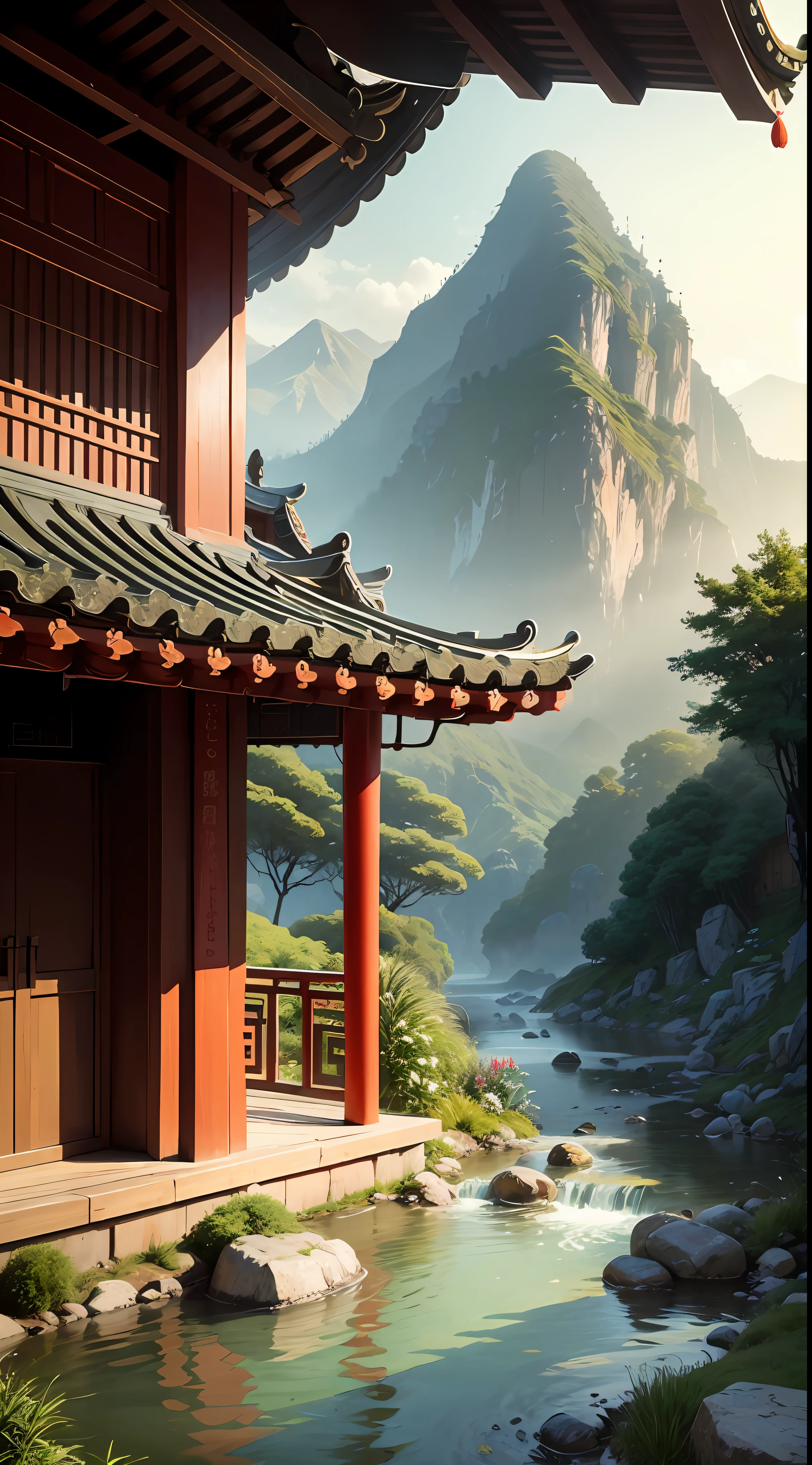 Taoist temple，Surrounded by mountains，Fairy air fluttering，Chinese ancient style，Biased towards hazy，Babbling streams， --auto