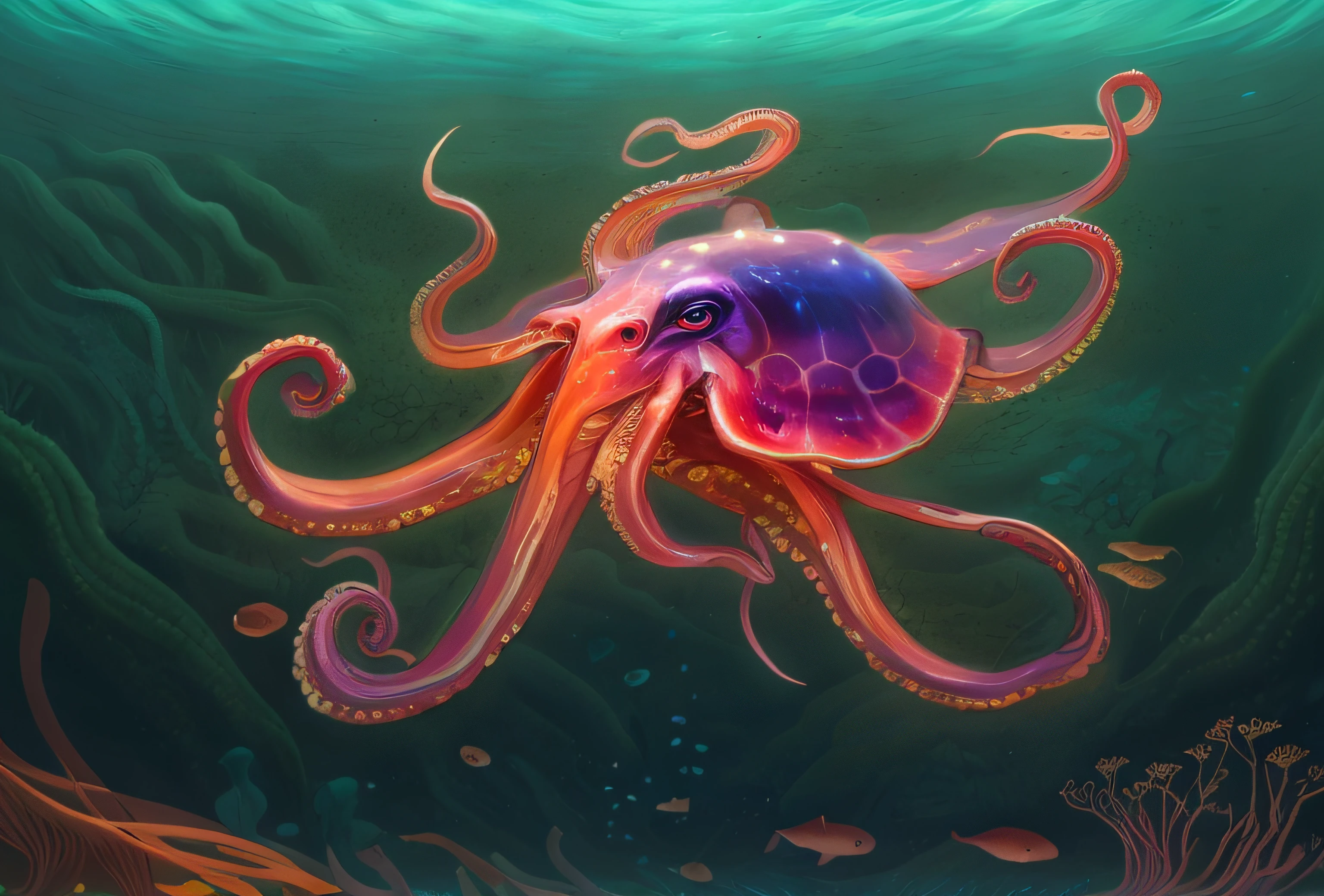 There is a painting，Art Nouveau，Octopuses floating in the water,  Fantastic hand drawn octopus，Plants and octopus blend perfectly，In the underwater world，A variety of colorful aquatic plants，Various marine animals，jelly fish，Rich in seabed flora