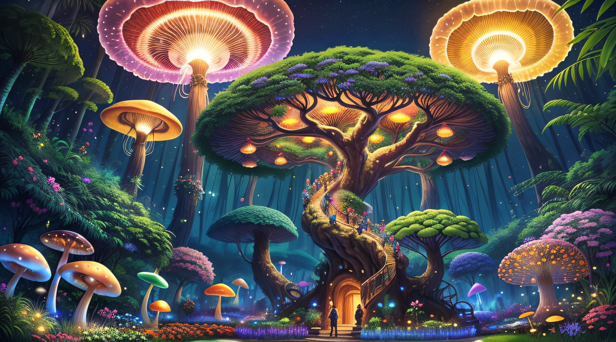 （When arriving on the planet Pandora，Surrounded by many "tree of hope" seeds like glowing jellyfish；A towering giant tree that can be used as a house to live in、Lush rainforest with colorful and vibrant atmosphere、Flowers and plants that glow at night、Mushroom...... When this "Garden of Fantasy"