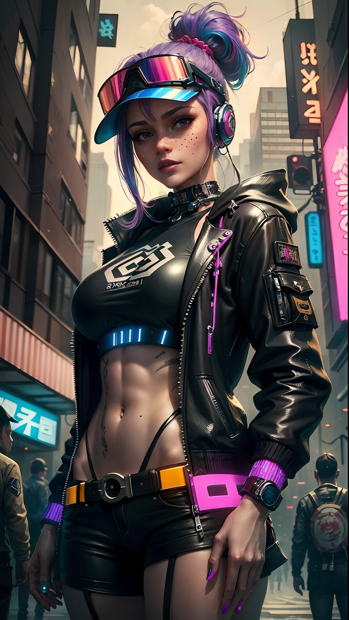 ((Best Quality)), ((Masterpiece)), mature, perfect eyes:1.2, woman face, big breasts, detailed eyes:1.4, ((freckles)), woman, hightech visor, visor, high tech, hacker, irezumi, tattoo, techwear, headphones, messy hair, multicolored hair, purple hair, black jacket, gradient hair, leather clothes, (High Definition:1.3), 3D, Beautiful (Cyberpunk:1.3), Colored hair, militar, black clothes looking at camera, hacker woman, neo tokyo