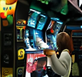 There was a woman standing in front of a vending machine, Arcade, Arcade games, a busy arcade, Trunking Art Station, Arcade consoles, videogame, dive bar with a karaoke machine, Arcade consoles, movie screen shot, videogame still, street life, video game screenshot, videogame still, sci-fi vending machine, sci-fi vending machine