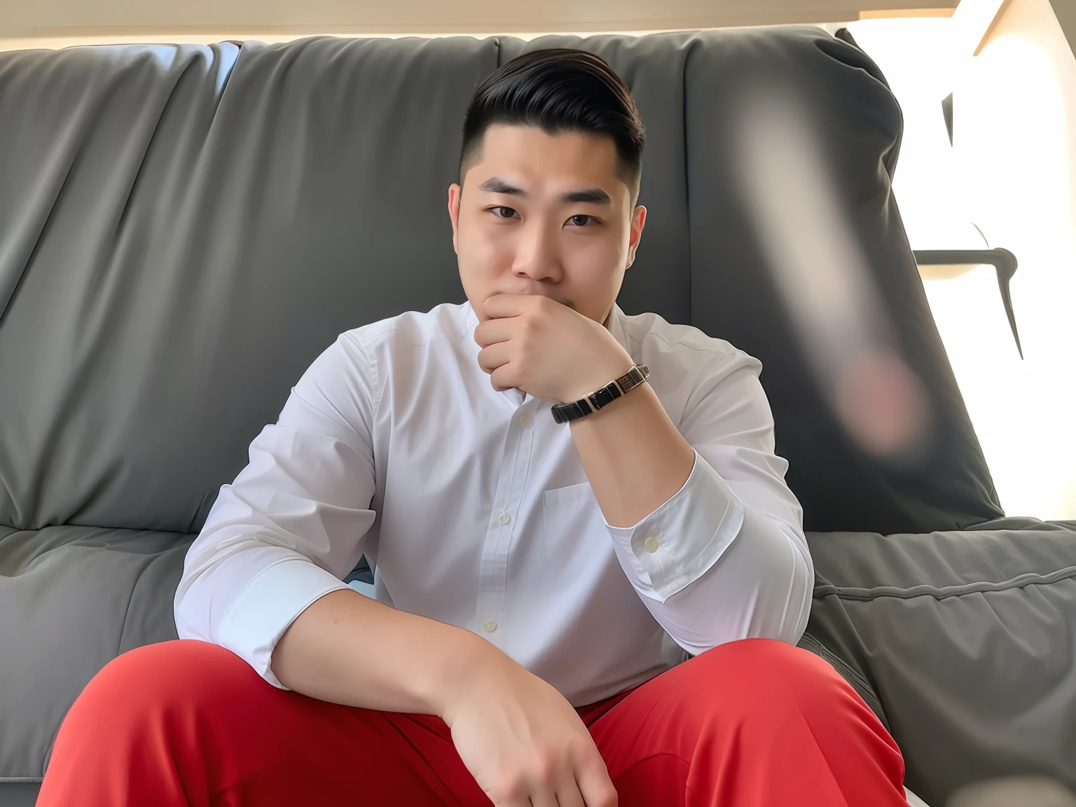 There was a man sitting on the couch,finger on mouth, 2 3 years old, 2 2 years old, 21 years old, profile picture 1024px, Asian male, taken in the early 2020s, around 1 9 years old, 2 9 years old,The arms were dumbfounded,