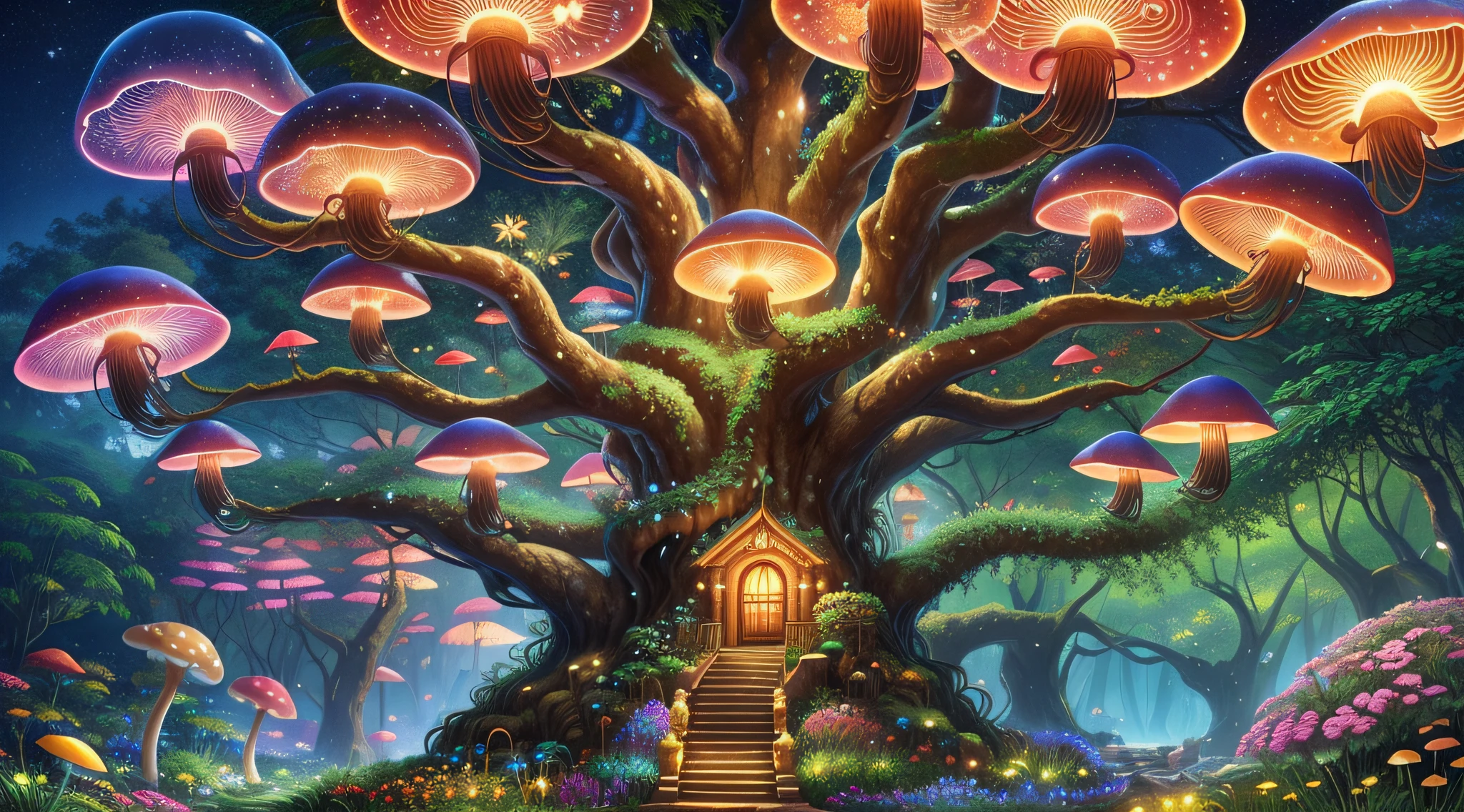 （When arriving on the planet Pandora，Surrounded by many "tree of hope" seeds like glowing jellyfish；A towering giant tree that can be used as a house to live in、Lush rainforest with colorful and vibrant atmosphere、Flowers and plants that glow at night、Mushroom...... When this "Garden of Fantasy"