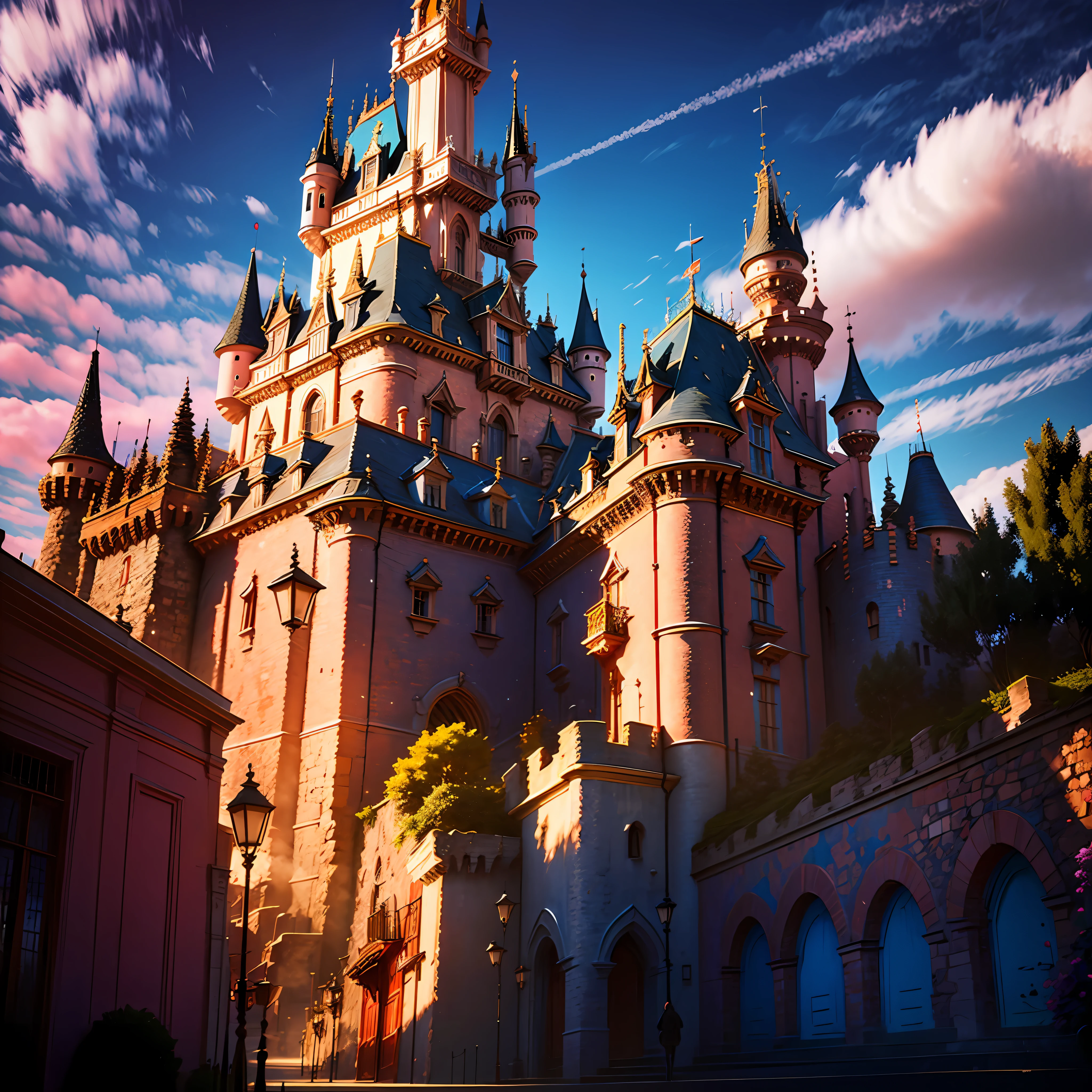 Disneyland Castle, castle on hill, professional architectural castle scape, long rough windy road leading to castle, pink and blue sky, fluffy clouds, striking contrasts, scenic surrounding, deep complementary colors, medieval castle, photorealestic, 3Dmm --auto