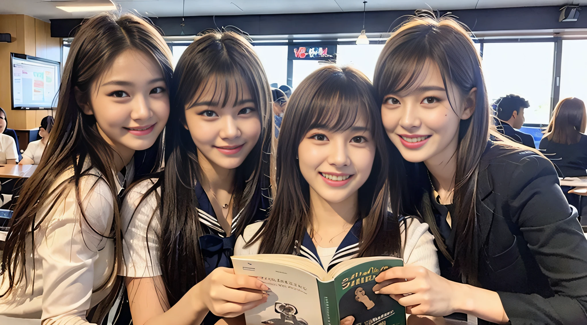 (8K、Raw photography、top-quality、masterpiece:1.2)、ultra-detailliert、ultra res、(realisitic、Real Photographics:1.47)、(Reading in an Internet café)Stylish Internet Cafe、Heart pattern(Fantastic lighting)Schoolgirl with a book、Holding a book in both hands、read a book、head to waist、Watching a book、de pele branca、Fair-skinned female proofreading、An ultra-high picture quality、、Beautiful female proofreading reflecting in light、amazing detailed、Beautiful girls in very detailed、Faces with different patterns、Different face patterns、Each hairstyle has its own characteristics、Farbe々Hairstyle、Farbe々Hair color shining with clean light、I enjoy fishing on a boat、Brown hair shining in the light、One has a ponytail、、Modern cute high school girl、very detailed faces very detailed eyes、Very realistic skin、 extremely detailed fingers, highly detailed nose, highly detail mouth, perfect anatomia, Highly detailed sailor suit、、The details of their hair and uniforms shine through、Burning teeth and smiling、Realistic body, de pele branca, glistning skin, Slim body, Long straight hair, (Blunt bangs:1.2), , nixeu and sakimichan, TWICE, Seifuku, sakimichan, JK Uniform, wearing japanese school uniform, promo still, Larisa Manobal, Japan school uniform, japanese girl school uniform, alena aenami and lilia alvarado