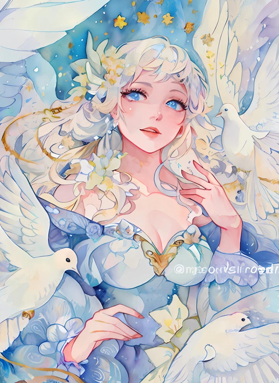 a drawing，The painting depicts a woman with white wings and a dove, inspired by Miho Hirano, watercolor detailed art, author：Mary Angel, inspired by Naoko Takeuchi, inspired by Marie Angel, Alphonse mucha and rossdraws, ethereal fairytale, Inspired by Rebecca Gay, trending on artstration, watercolor colored painting, Watercolor illustration style, goddess of love and peace