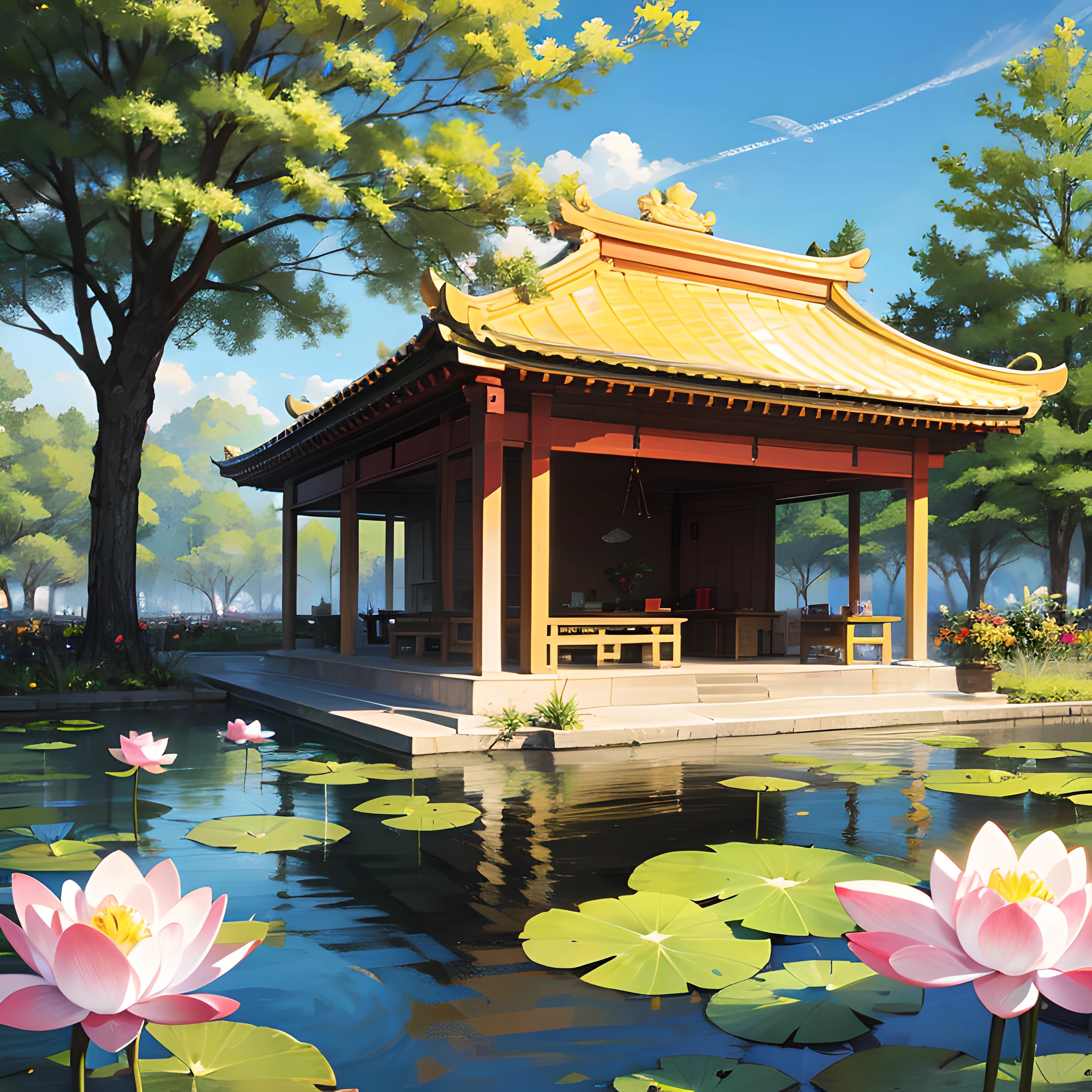 Lotus in the middle。There are two pavilions --auto
