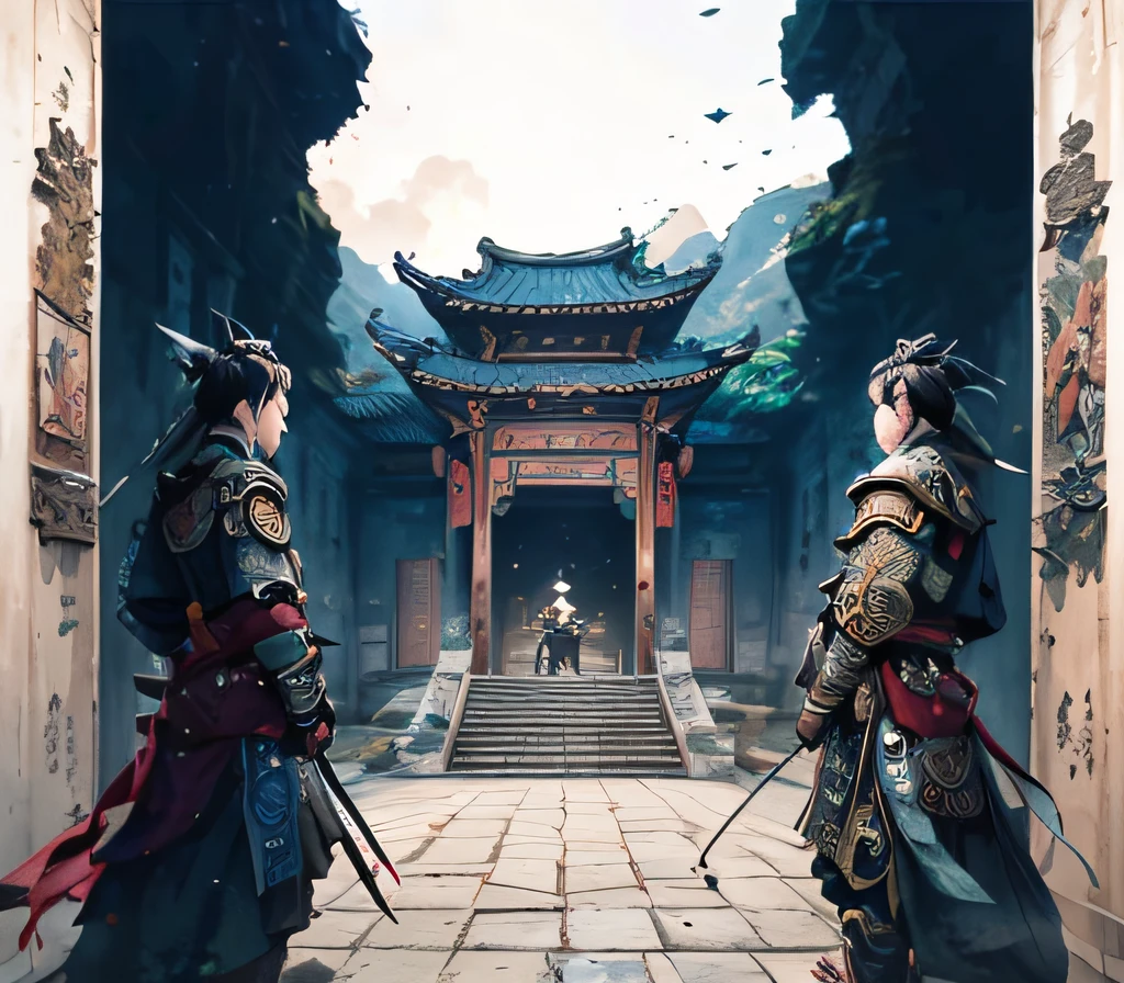 Inside a sect of immortal cultivation，Two Asian men in full armor stand in front of a building, A martial arts competition is about to take place，chinese three kingdoms, Wuxia, cyberpunk chinese ancient castle, from three kingdoms, ruan jia and michael komarck, yiqiang and shurakrgt, dramatic artwork, detailed game art illustration, author：Qu Leilei, Three kingdoms, G Liulian art style, Official artwork --auto