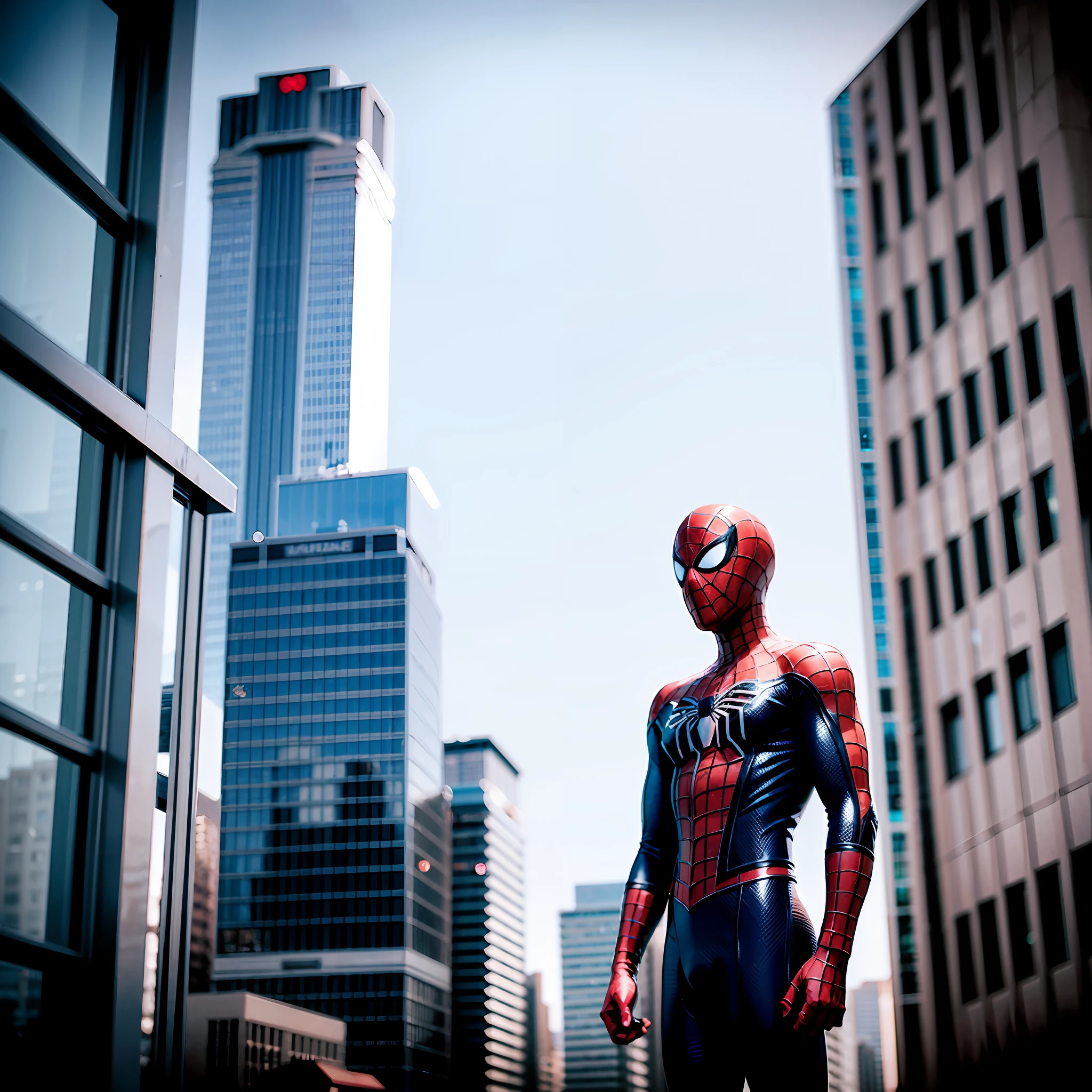 Beauty gray hair Spider-Man tall building