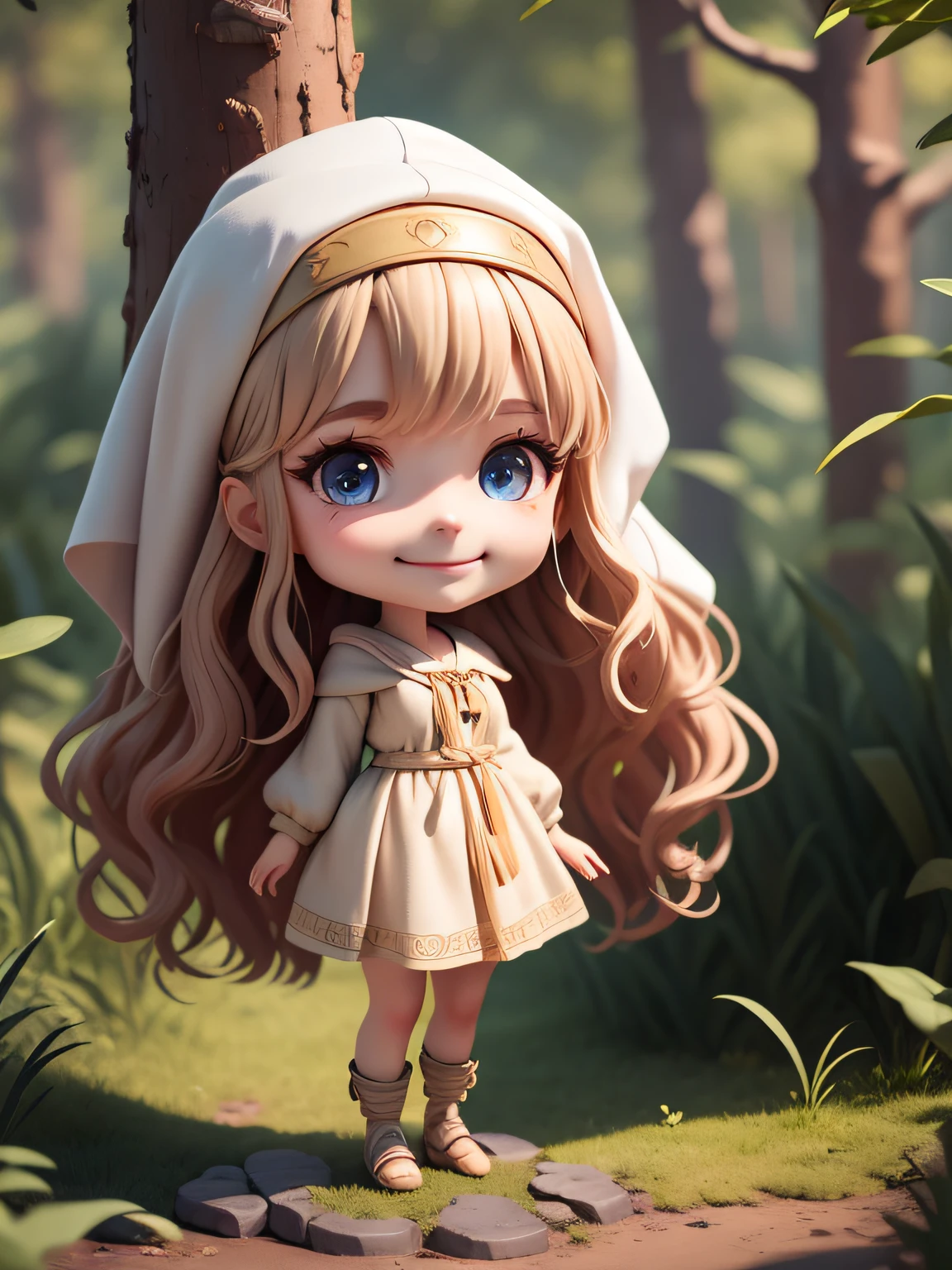 Ruth, biblical character, brunette woman, long wavy hair, shy eyes, beige tunic, white veil on her head, disney style, chibi, whole body, cute, smiling, unreal engine, detailed, forest background, ultra high definition, 32k