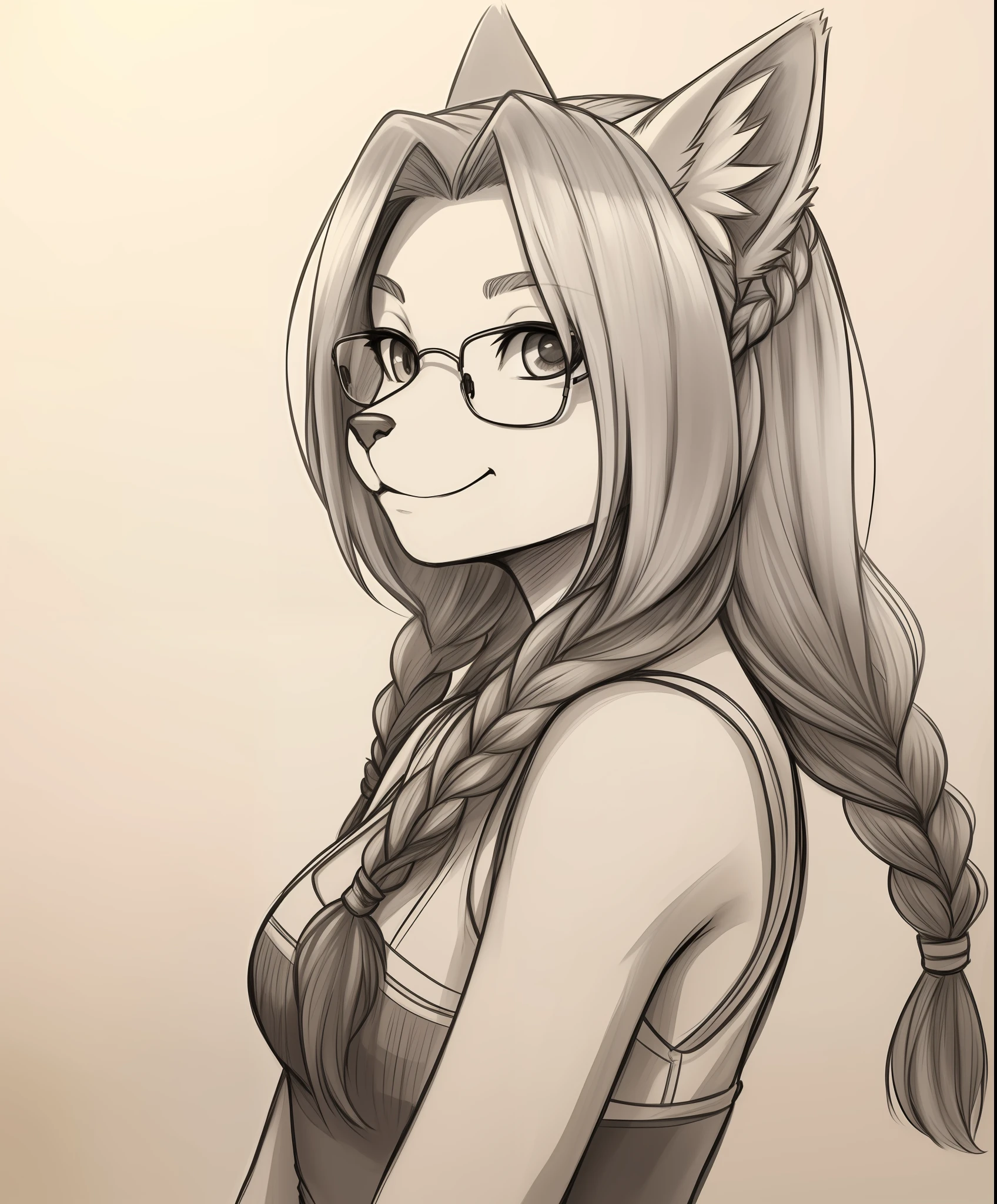 (furry female:1.2), (furry:1.2), (body fur:1.16), anthro, tail, 1girl, braid, commentary_request, glasses, gofu, greyscale, hyakko, long_hair, sketch, solo, suzugazaki_chie, traditional_media, twin_braids