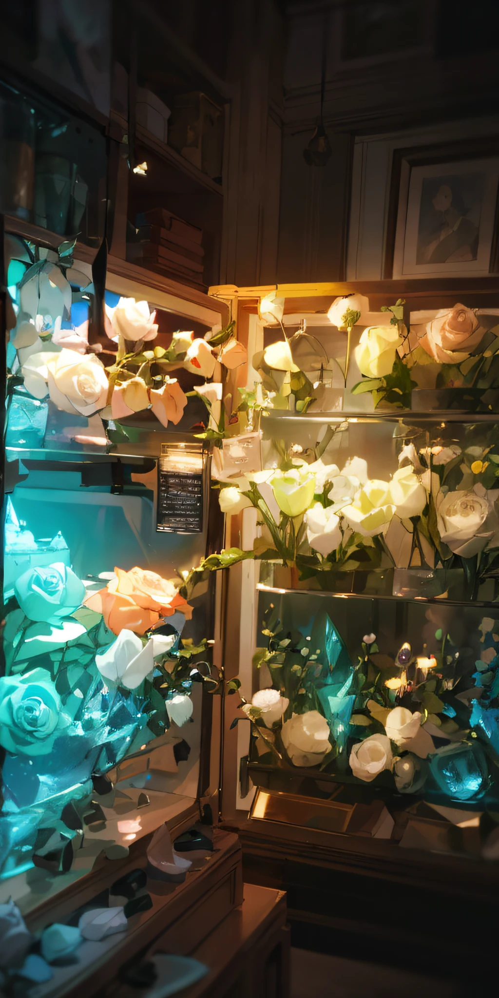 Lots of flowers in the fridge on the shelf, roses in cinematic light, flower shop scene, more and more flowers, nature and floral aesthetics, i dream of a vase flowers, Blooming flowers, beautiful flowers and crystals, Glowing flowers, Lots of flowers, Magical flowers, beautiful aesthetic, with frozen flowers around her, Beautiful flowers, a few roses, flowers blooming --auto