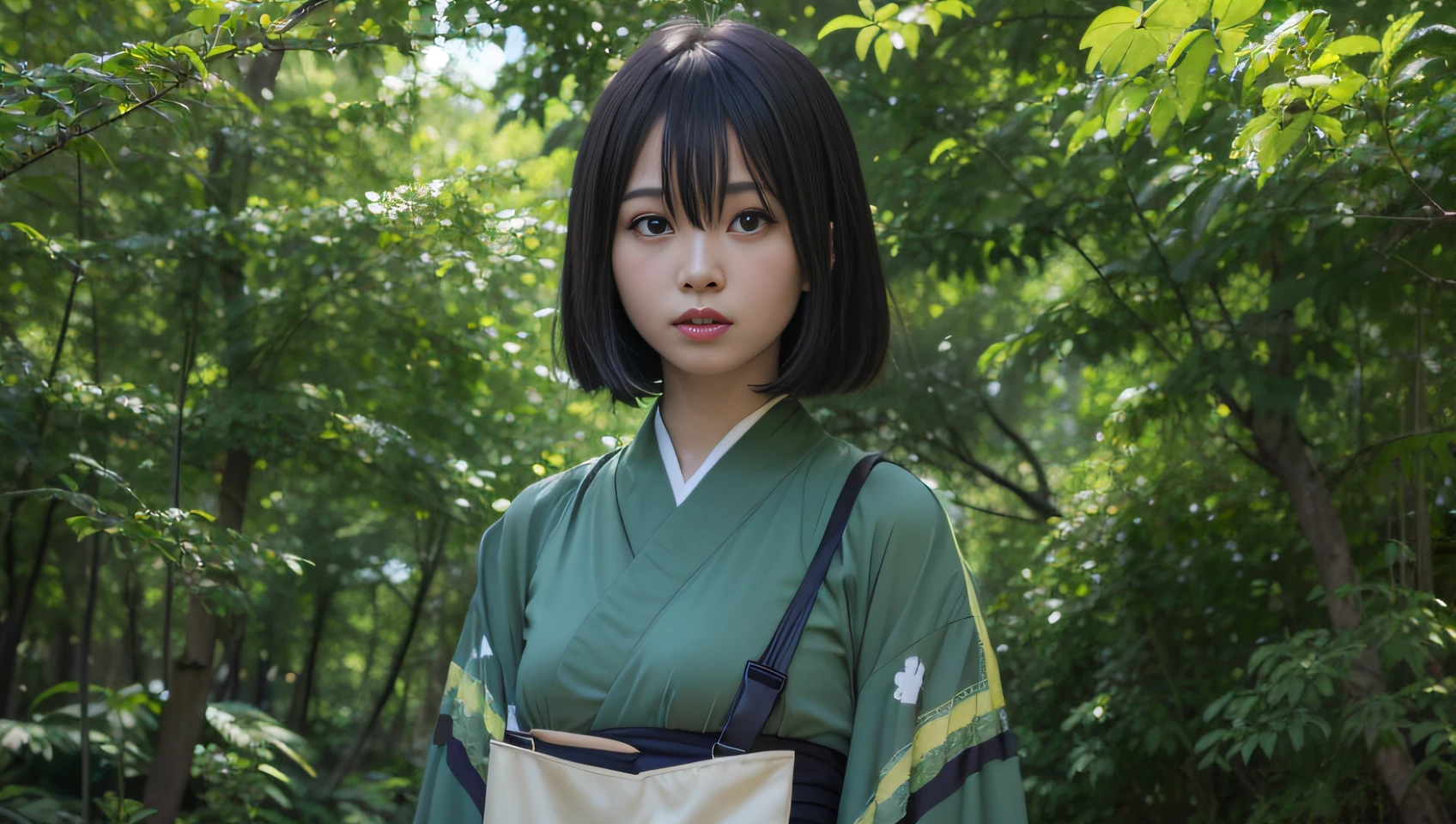 anime girl in a green kimono standing in a forest, iwakura lain, close up iwakura lain, close up of iwakura lain, anime visual of a young woman, shuushuu anime image, anime visual of a cute girl, anime still film anime shikishi, anime portrait of shiina ringo, in the anime film,Face restoration,high definition,hyper realistic photography 4k full HD, with hyper realistic details,8k,Best quality,masterpiece,ultra detailed,official art,full body 8k extremely carved