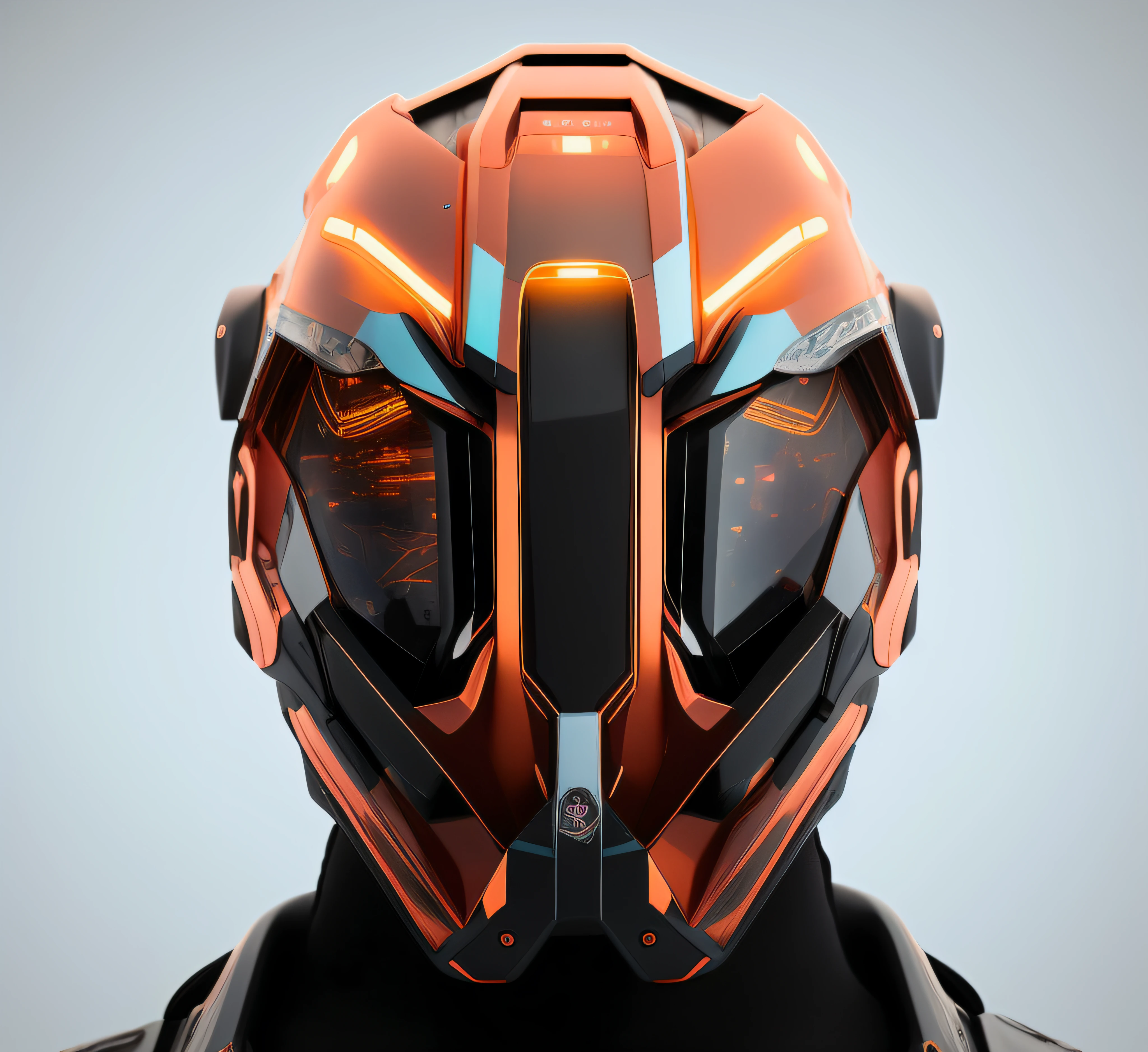 Imagem de um homem usando um capacete futurista com olhos brilhantes, futuristic cybernetic helmet, com equipamento futurista e capacete, sci-fi helmet, capacete cyberpunk, intrincado capacete de alta tecnologia, roupas futuristas e capacete, olhos brilhantes no capacete, capacete estilizado da motocicleta, tech helmet, Viseira mecha de vidro OLED, portrait of a futuristic robot, simetria! futuristic robotics