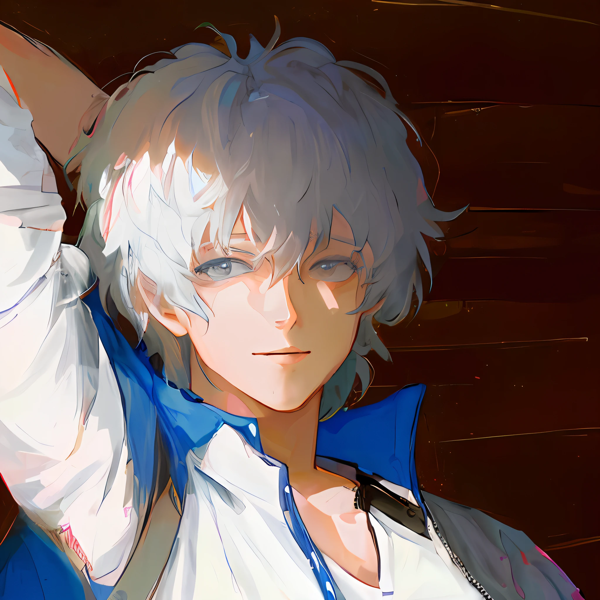 masterpiece, best quality, detailed, 1boy,  male focus, sakata gintoki, light smile, portrait, close portrait, arm behind head, indoors