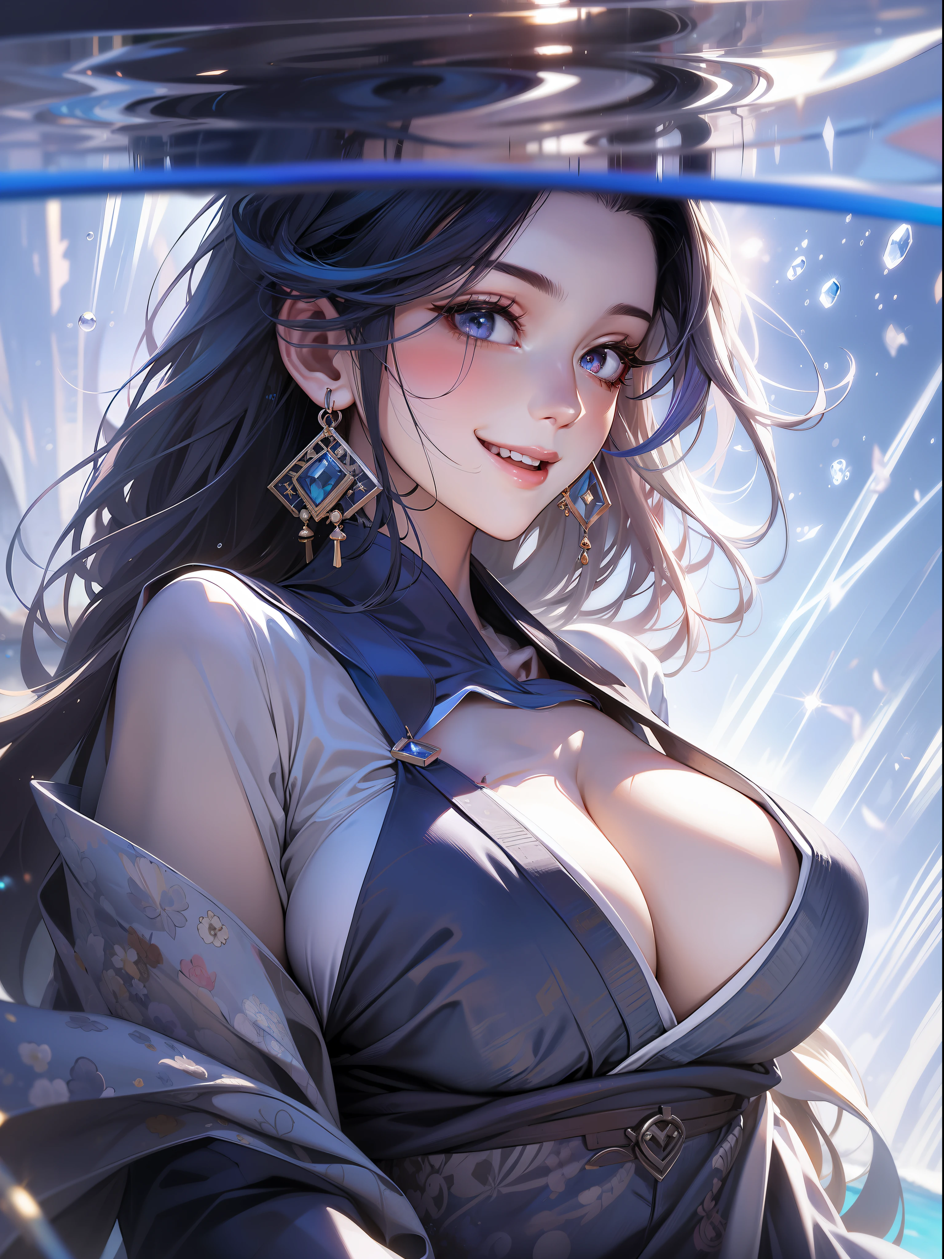 Solo, Beautiful female, In blue crystal, Buble, In the ocean, The sun shines on the face, Japanese_clothes, multicolored hair, Blue hair, Purple hair, Long hair, grin, multiple views, Close-up, Ray tracing, reflective light, Depth of field, Polar opposites, partial underwater shot, Masterpiece, Best quality, High details, High quality, ccurate, Textured skin, hyper HD