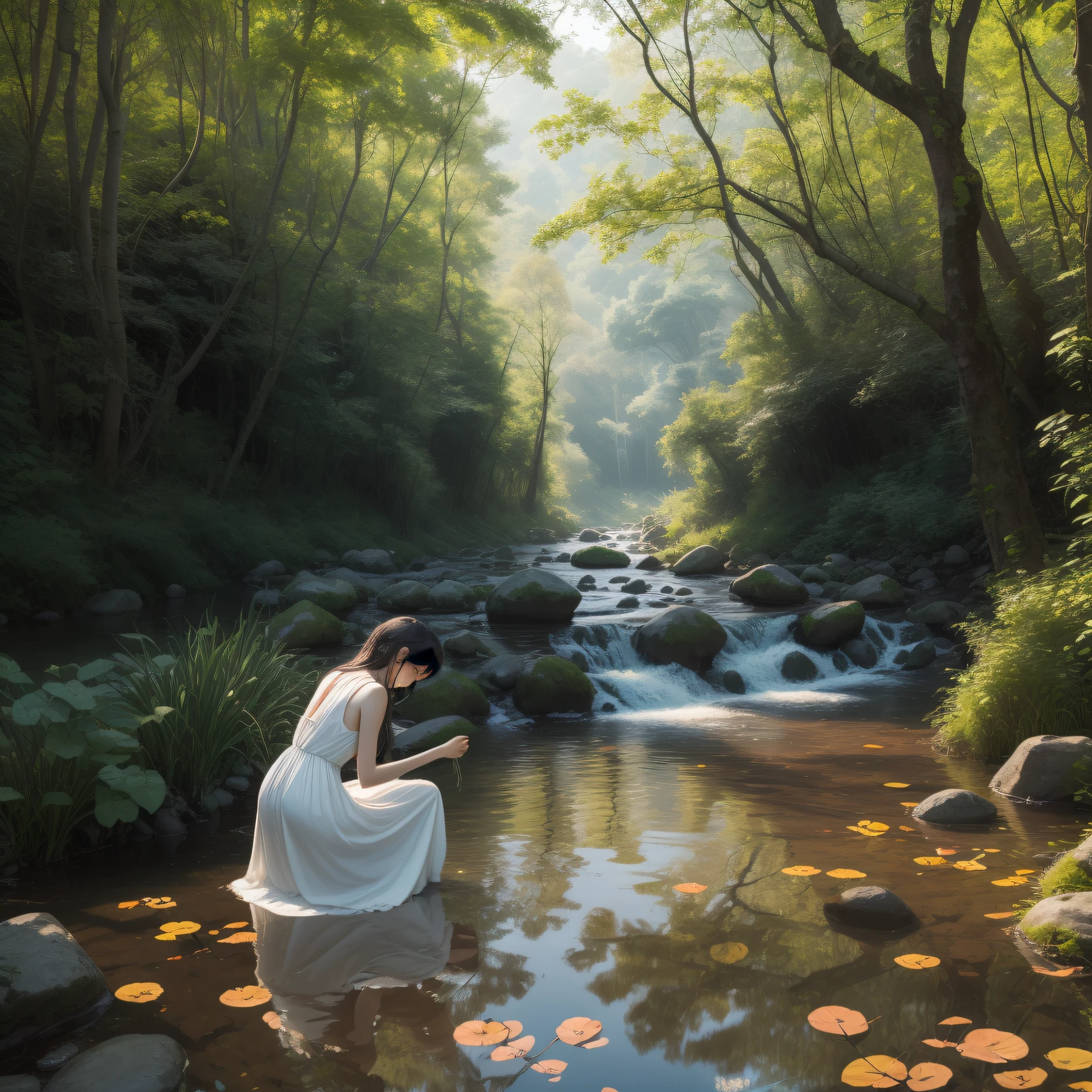 A young girl in a long white dress kneels by the forest stream,Pick up mirrors that have fallen into the water,The whole picture flows with soft sunlight and breeze,The leaves shake gently,The river flows slowly,The hustle and bustle is skillfully blended into the silence。