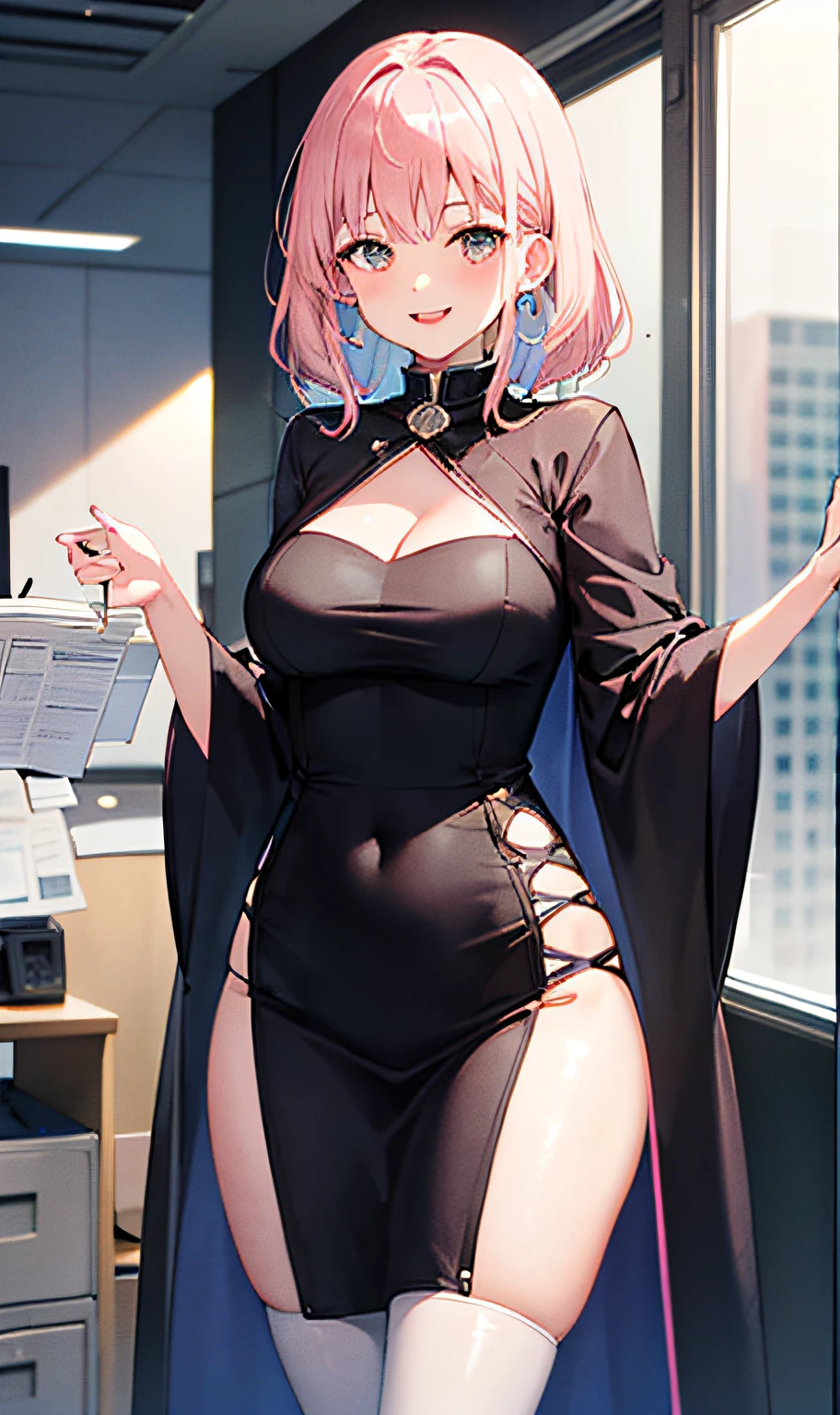((masterpiece, best)),(1girl),((mature woman)), light pink hair, dizzy, trumpet, ((office lady)), bangs, mid-chest, (full), slim, smiling, [wide hips] ,office,standing, aru \(blue archive\),