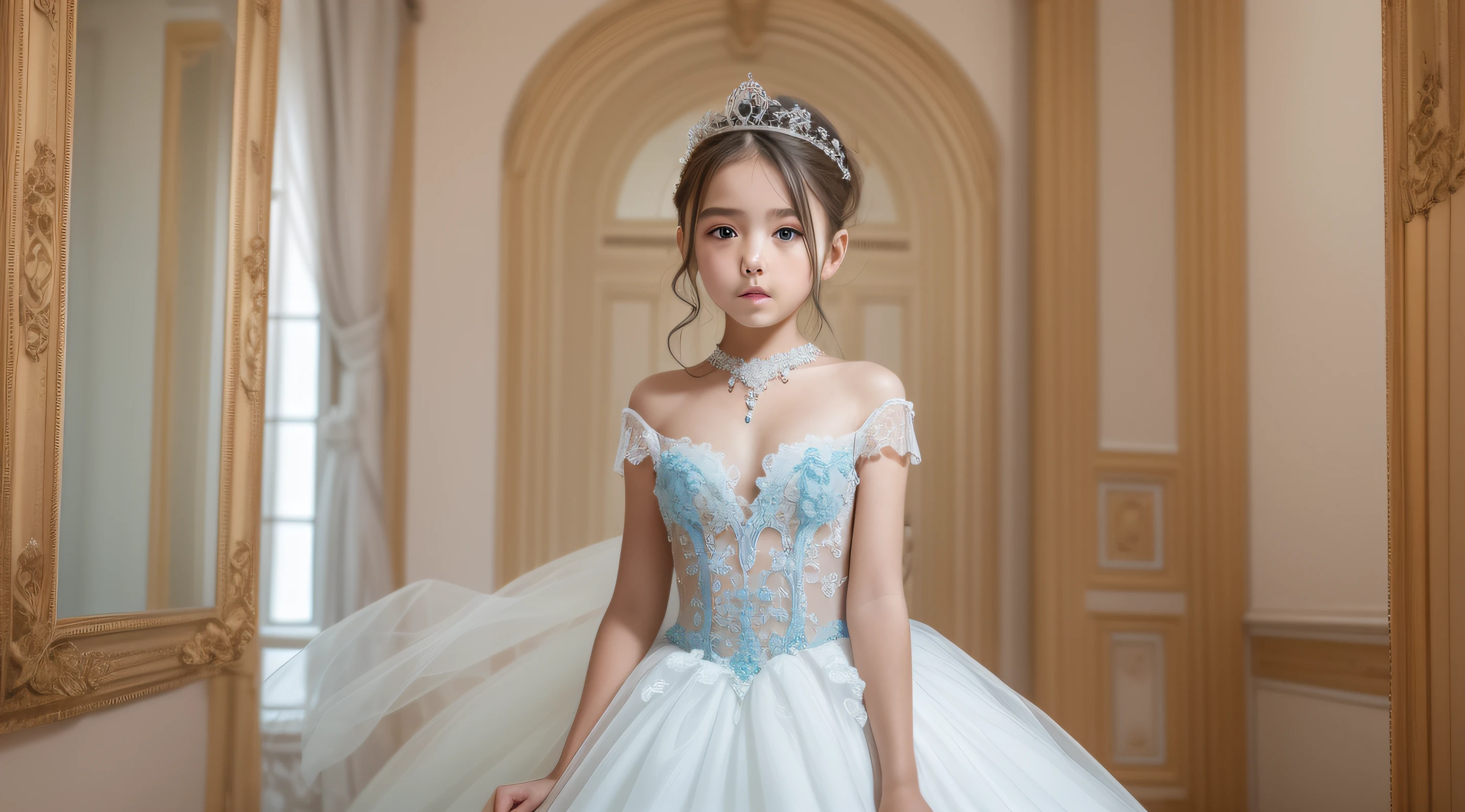 8k, girl,inside a luxury Villa,Wearing a white princess dress,Delicate blue eyes,Delicate skin and texture,sofe,full bodyesbian,seductiv,Ultimate detail