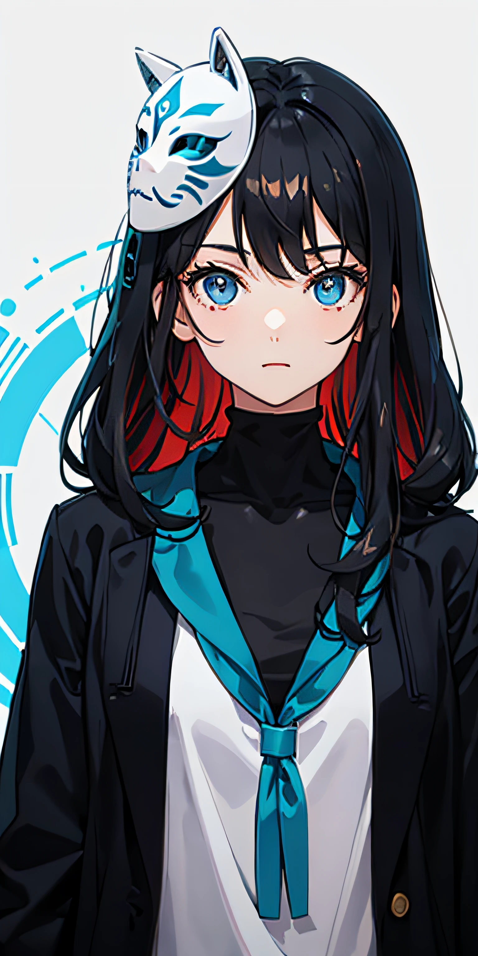 1girl,Black hair,O cabelo multicolorido,blue color eyes,Wear a mask on your head,Sideslit,light particules,the wallpaper,