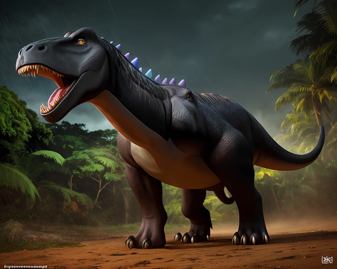 “In the background of the night, a black rec dinosaur with multicolored bumps, roars in the jungle, looking ferocious, mouth open, and with its ((face facing)) to the camera, in a raindrop setting. Hyper realistic photographic style.