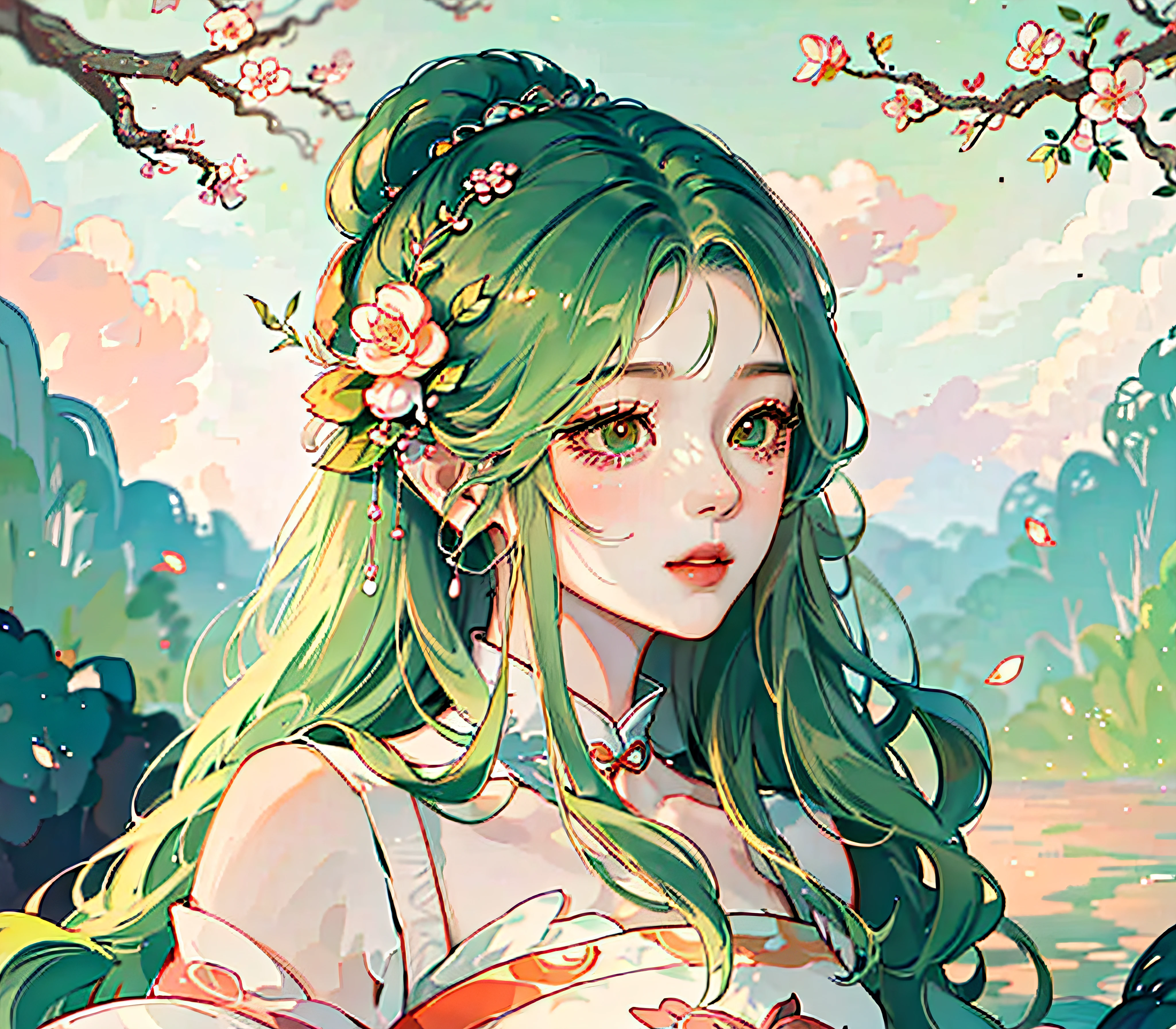 Still water flows deeply，Cangsheng Stepping Song Pink and green gradient flowing hair girl Red and green gradient hair God girl Clear facial portrayal Pure white simple dress Extremely smooth long hair Long hair Plant anthropomorphic Peach blossom source God girl Peach blossom embellishment Spectacular background Overgrowth