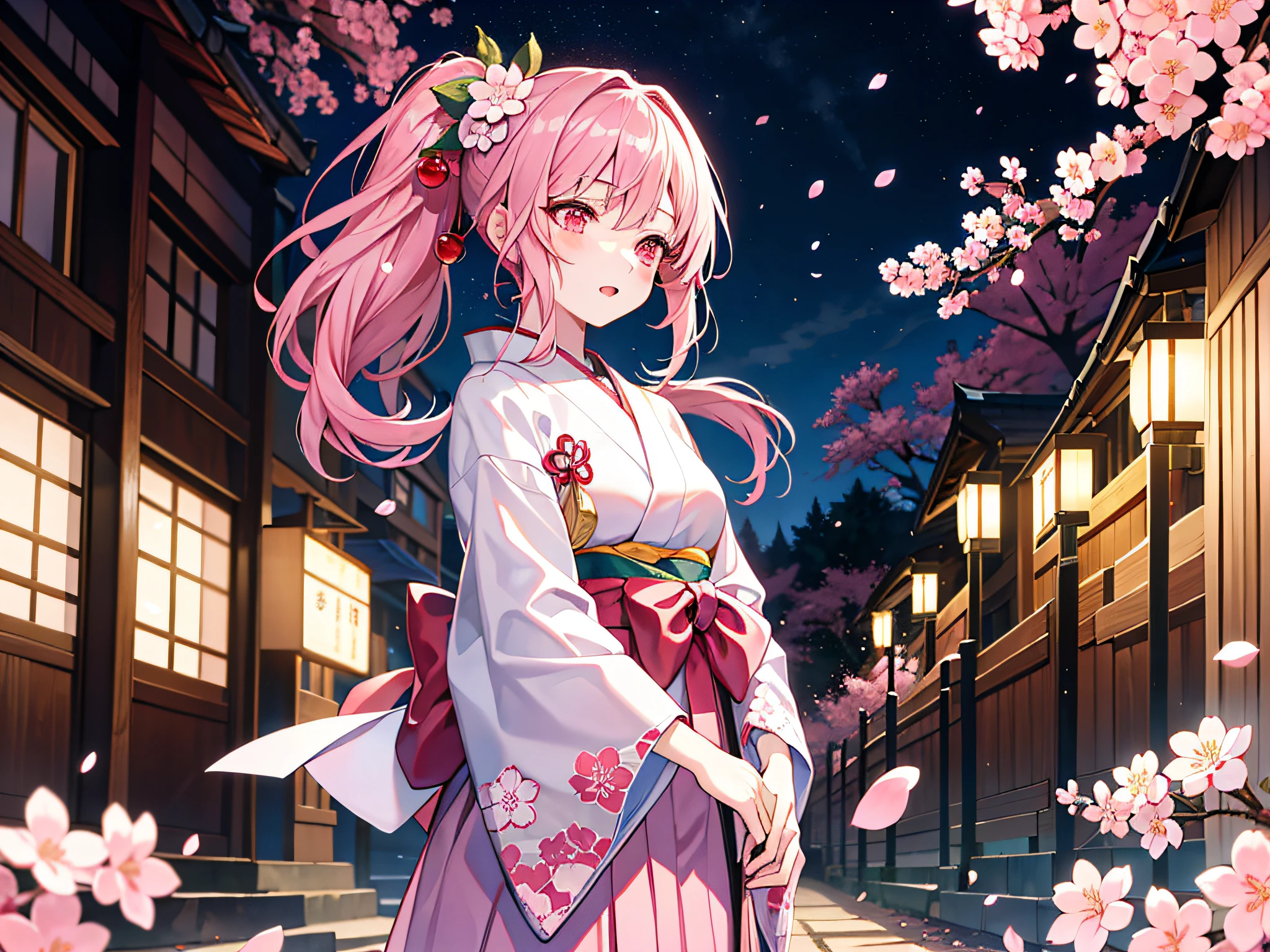Pale pink eyes,Cherry blossom lantern hakama,side ponytails,A pink-haired,clogs,gentle expressions,Cherry blossom forest,the night,tmasterpiece,4K,Award-winning photos,best qualtiy,A high resolution,extremely detaile,finely detailled,Highly detailed woman,Extremely detailed eyes and face,Perfect female body,Pink bow headband,full bodyesbian,Japanese-style village,Lanterns,half-close eyes,teens girl,standing on your feet