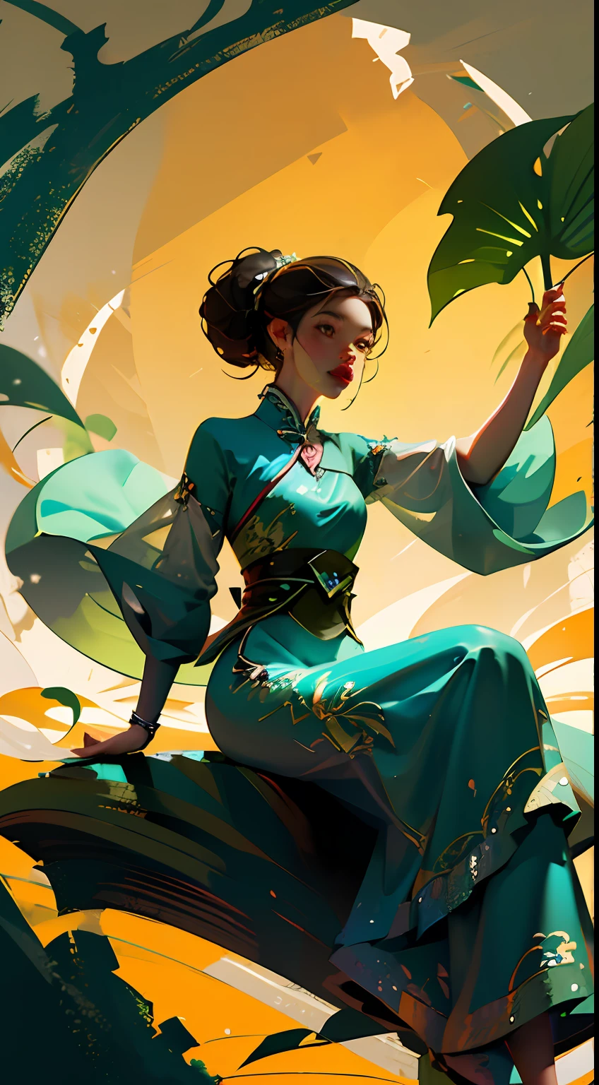 An ancient Chinese beauty sitting on a stone, wearing ancient Chinese clothing, flowing tulle, light silk, lazy posture, large lotus leaf, lotus, ink painting style, clean color, decisive cutting, blank, freehand, masterpiece, super detailed, epic composition, high quality, the highest quality, 4k --v 6