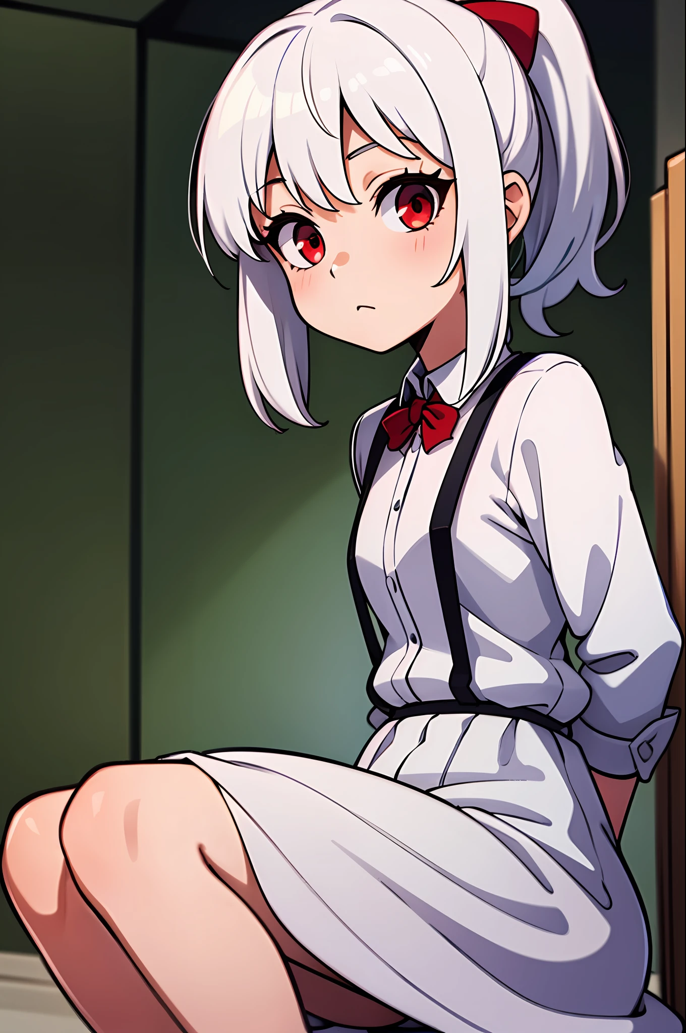 ,white hair,red eyes, high ponytail, girl, solo, suspenders dress