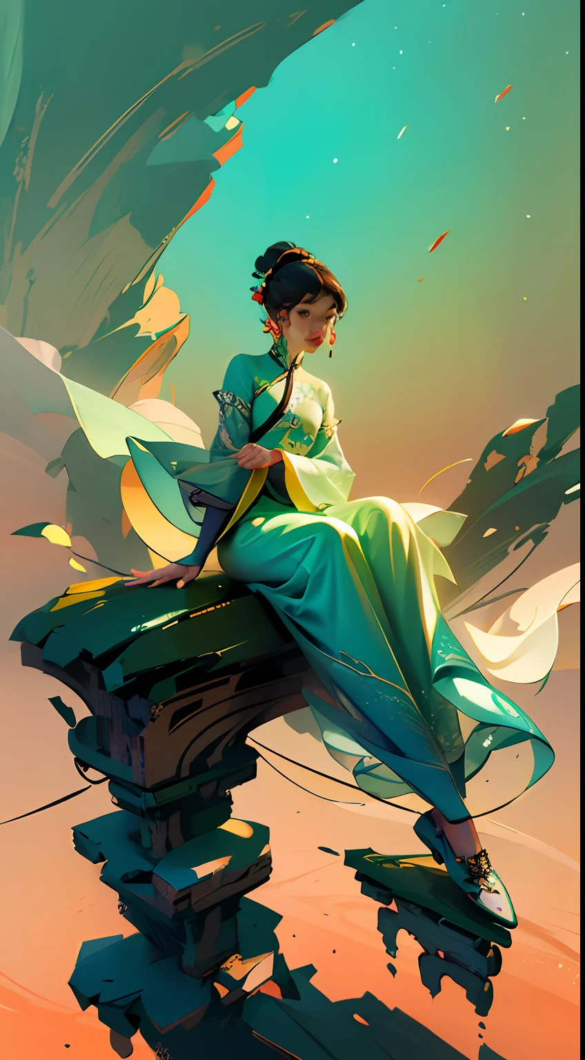 An ancient Chinese beauty sitting on a stone, wearing ancient Chinese clothing, flowing tulle, light silk, lazy posture, large lotus leaf, lotus, ink painting style, clean color, decisive cutting, blank, freehand, masterpiece, super detailed, epic composition, high quality, the highest quality, 4k --v 6