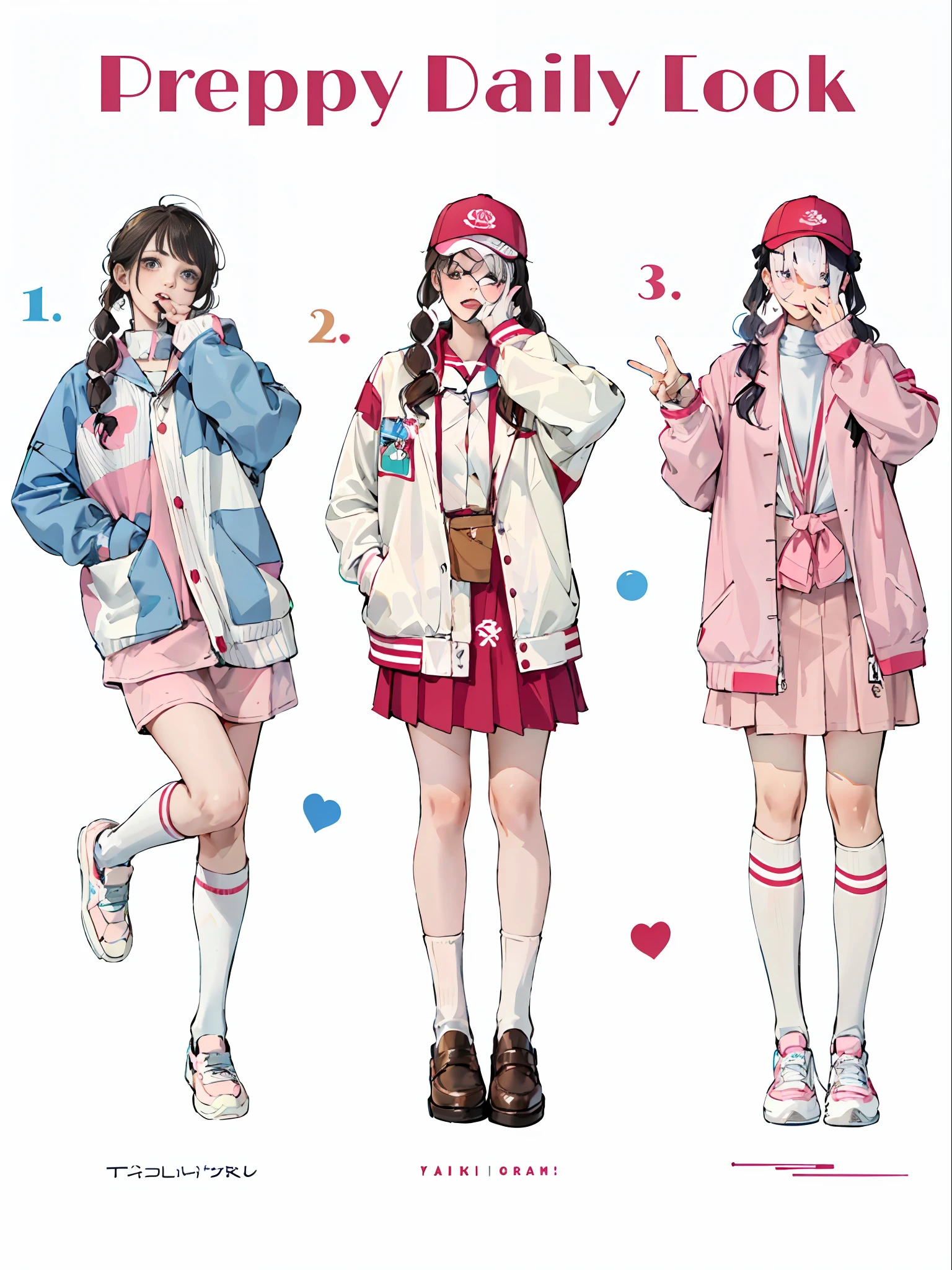 Three girls in school uniforms pose for a photo, Cute casual streetwear, Kawaii style, pastel clothing, style of magical girl, loose coat collar sailor uniform, 3 colors, Pastel style, Only pastel colors, In pastel colors, anime set style, japanese streetwear, wearing jacket and skirt, Style anime, 3 colour, She is seen wearing streetwear pieces, kawaii aesthetic, clothing design
