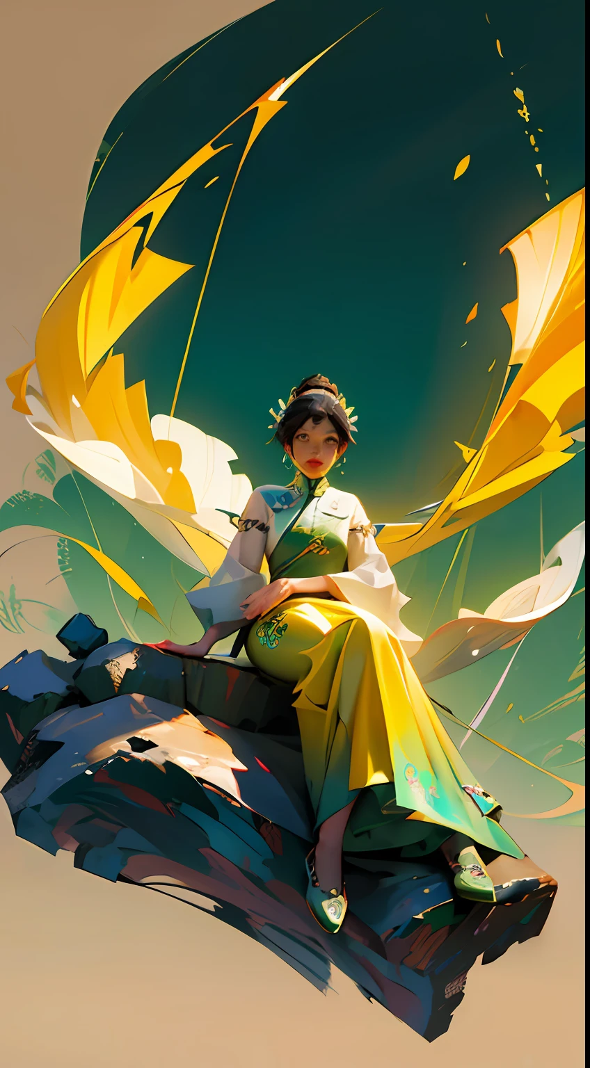 An ancient Chinese beauty sitting on a stone, wearing ancient Chinese clothing, flowing tulle, light silk, lazy posture, large lotus leaf, lotus, ink painting style, clean color, decisive cutting, blank, freehand, masterpiece, super detailed, epic composition, high quality, the highest quality, 4k --v 6