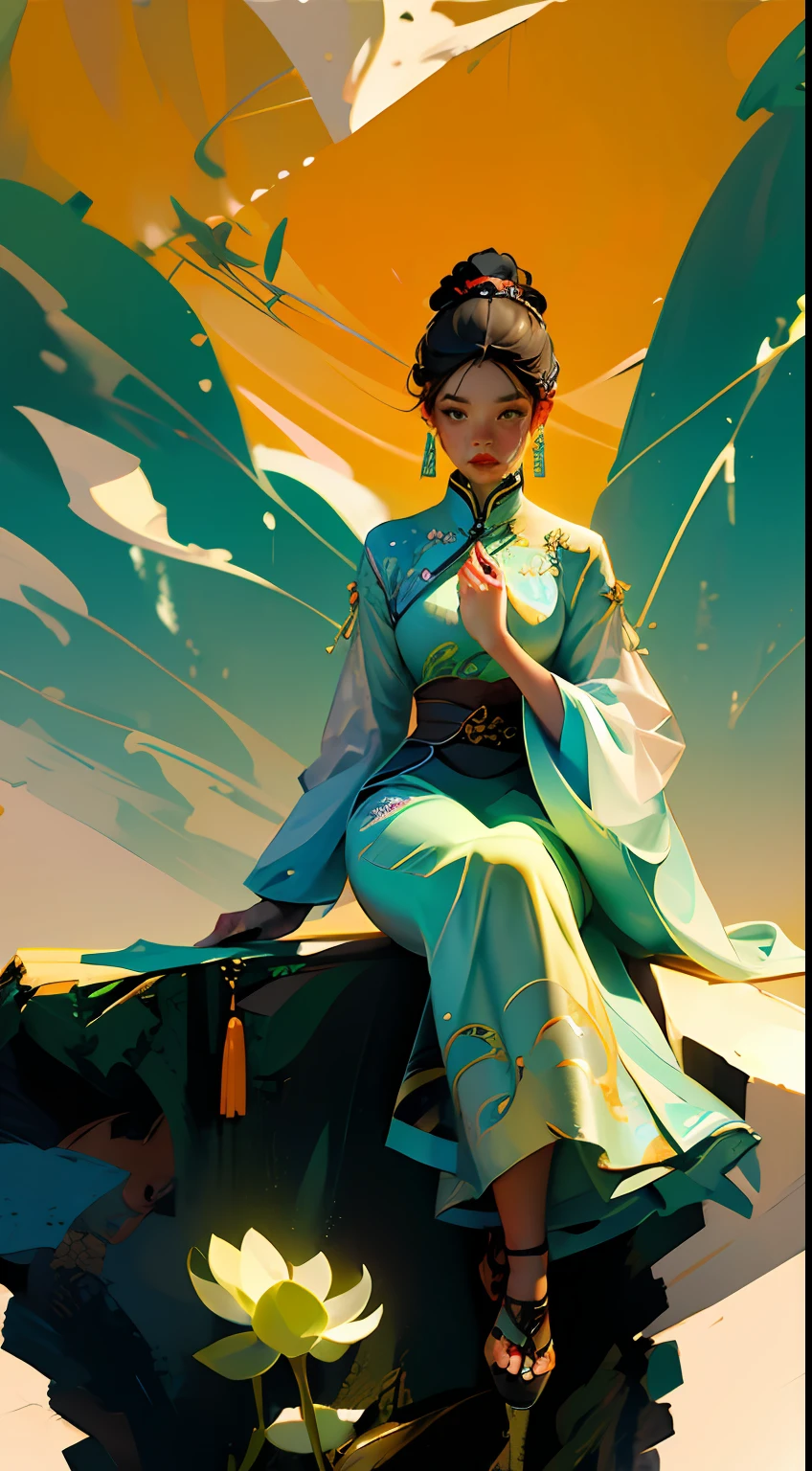 An ancient Chinese beauty sitting on a stone, wearing ancient Chinese clothing, flowing tulle, light silk, lazy posture, large lotus leaf, lotus, ink painting style, clean color, decisive cutting, blank, freehand, masterpiece, super detailed, epic composition, high quality, the highest quality, 4k --v 6