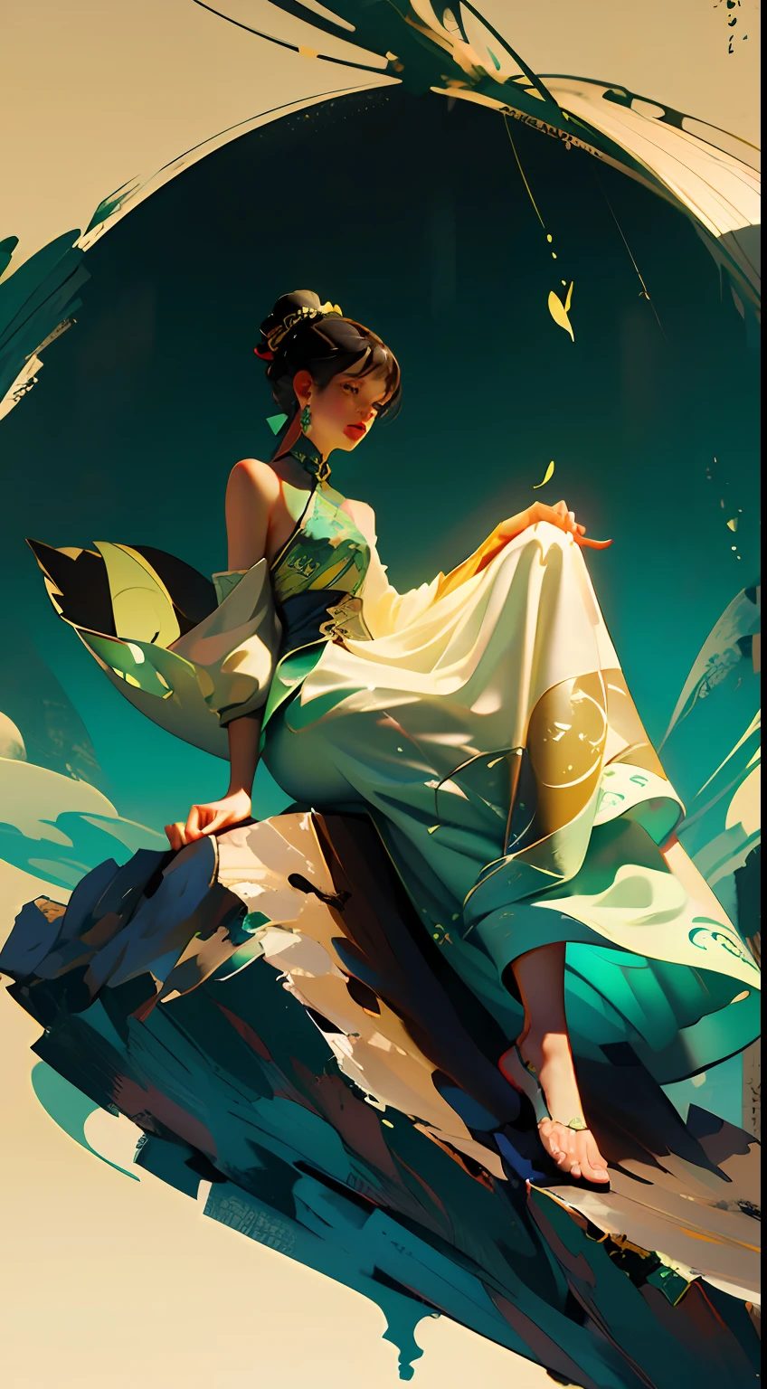 An ancient Chinese beauty sitting on a stone, wearing ancient Chinese clothing, flowing tulle, light silk, lazy posture, large lotus leaf, lotus, ink painting style, clean color, decisive cutting, blank, freehand, masterpiece, super detailed, epic composition, high quality, the highest quality, 4k --v 6