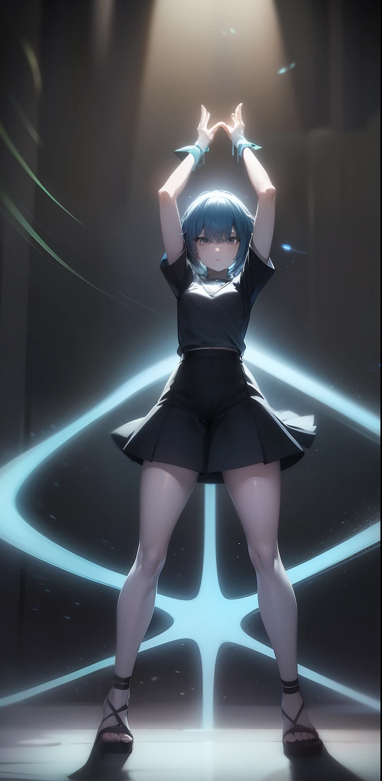 anime girl, short blue hair, rostro serio, camisa blanca, falda azul, senos medianos, brazos arriba, cuerpo completo, cuerpo detallado, cuerpo femenino, mirando al espactador,