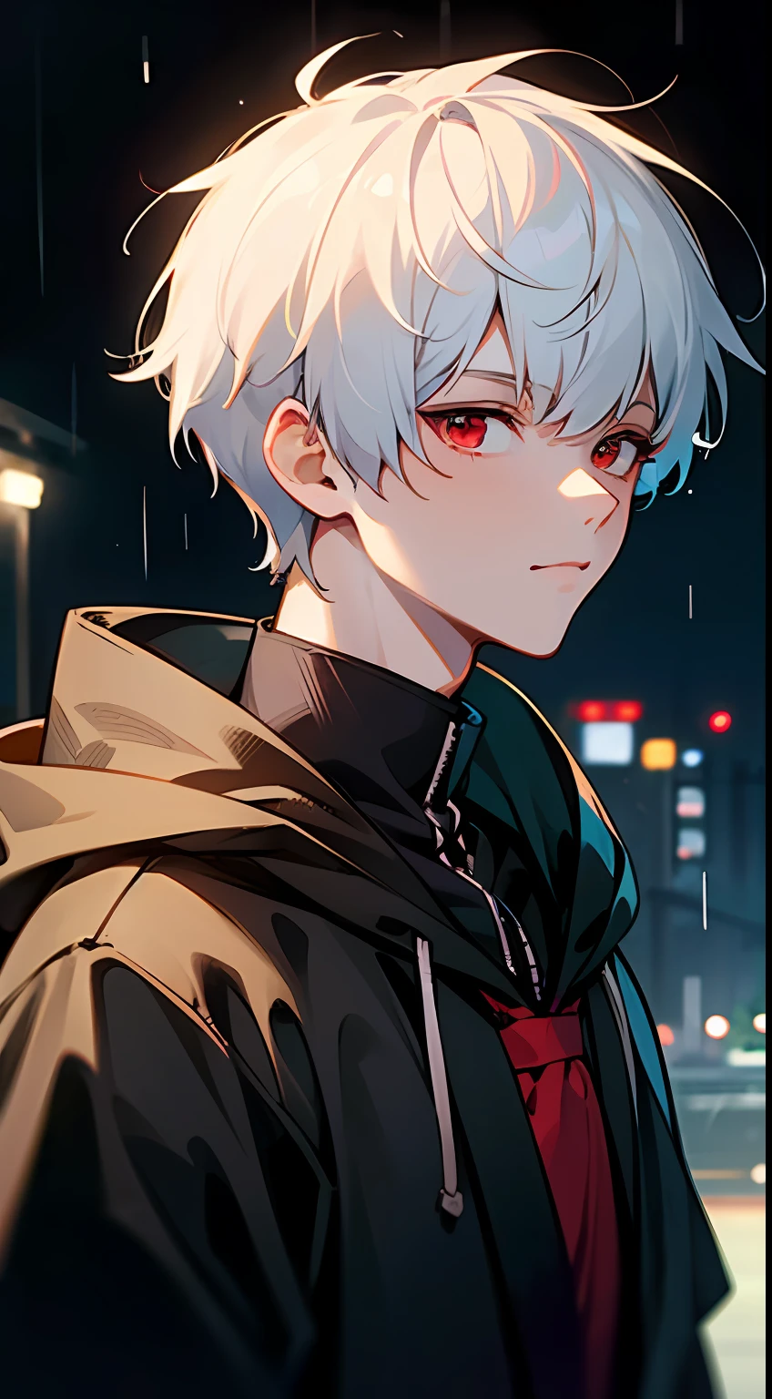 kk, best quality, more details, masterpiece, 1boy, kaneki ken, portrait, male focus, red eyes, solo, bangs, looking at the audience, hood, short hair, rain, tokyo tokyo \(city\), hood, nail polish, white hair, luxury, 8k, detail, ray tracing, depth of field, movie lighting, --auto