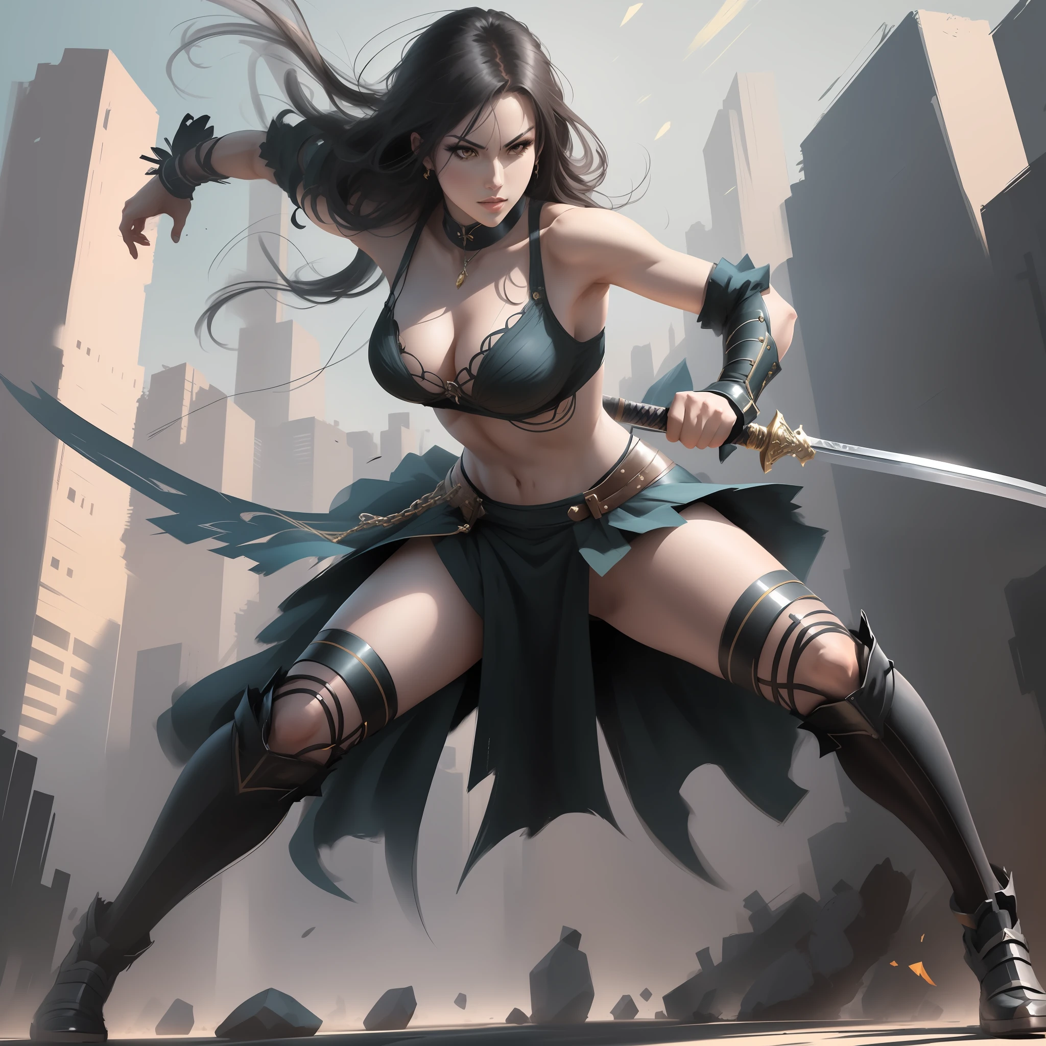 a woman holding a sword in her hand, dynamic pose perspective, dynamic perspective pose, fight pose, realistic dynamic pose, character pose for concept art, fight pose, full body action pose, action pose reference, full body character drawing, full body action concept art, high sketch quality, full body!! Dynamic Action Pose, Pose Reference, Anime Pose