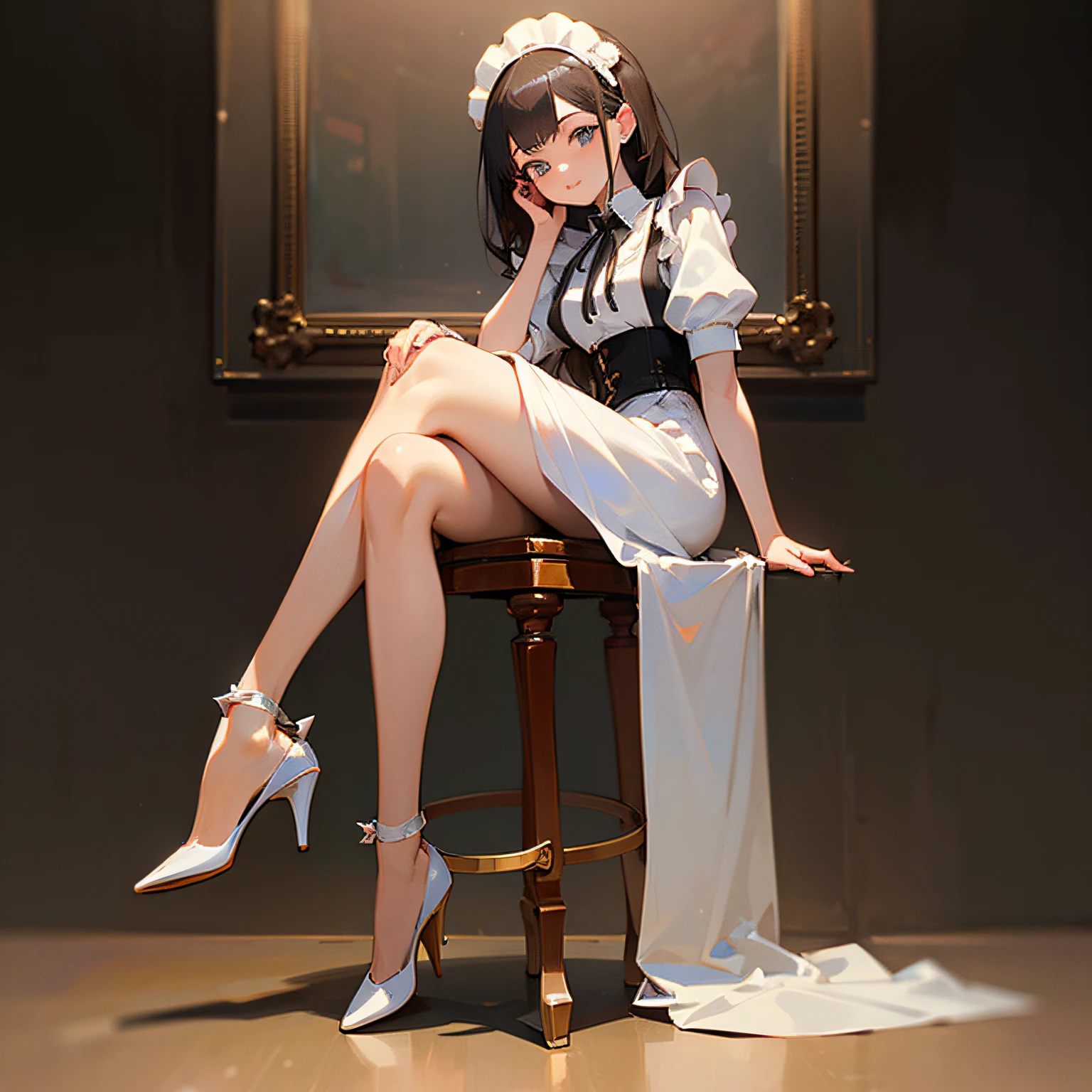 (masterpiece, best quality, ultra-detailed),(an extremely delicate and beautiful),(1girl),(wearing high heels:1.2),white maid outfit, sitting on a stool, buckles towards people,proud posture, Royal style. --auto