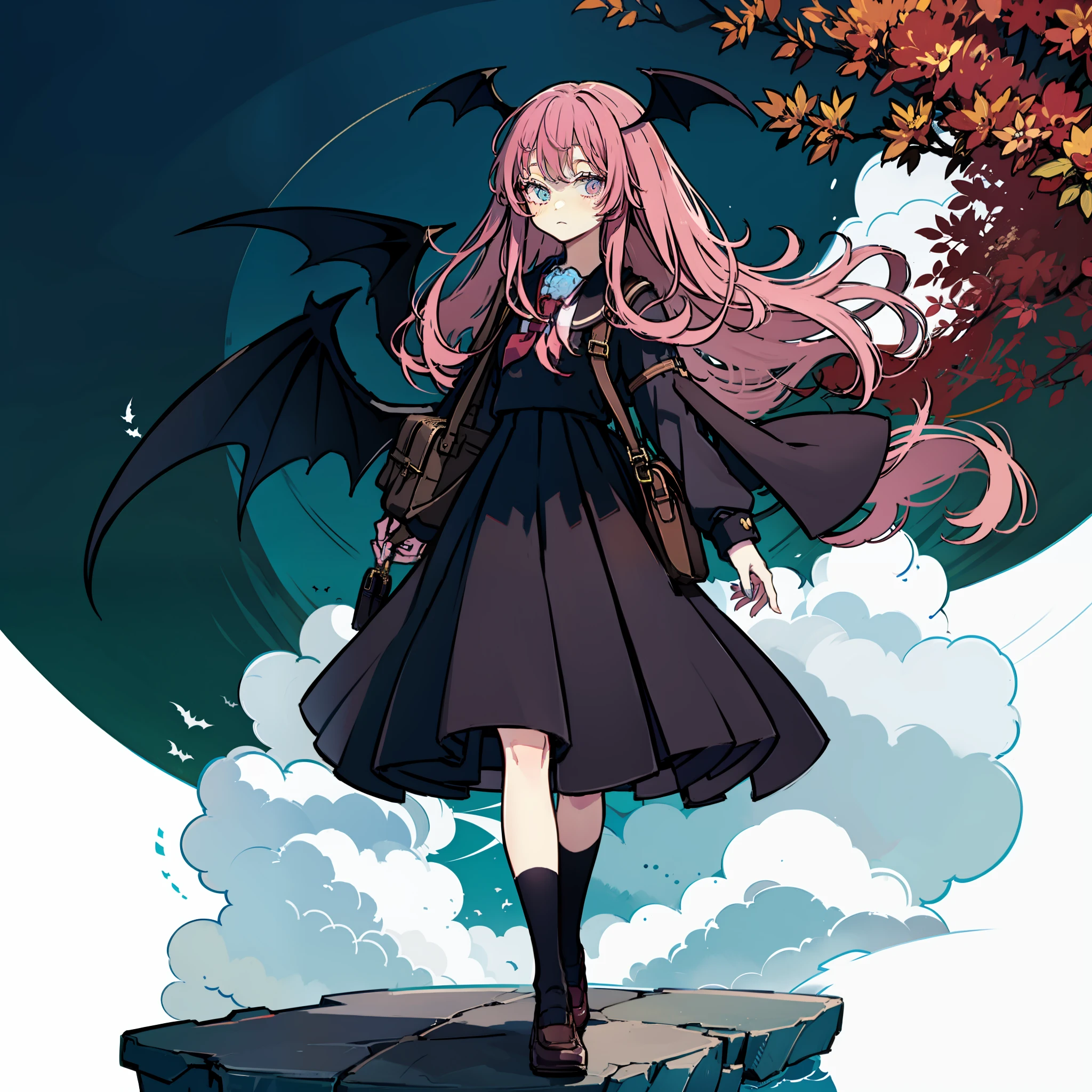 Portrayal of a long-haired young woman holding a briefcase, One girl, Solo, Small Devil, School uniform, Just flat, Skirt, shoes, White uniform, White sailor suit, Blue skirt and socks, mary janes, School Background, alternate costume, Long sleeves, Pink hair, Full body, Looking at Viewer, Long hair, Medium chest、Black bat wings on head